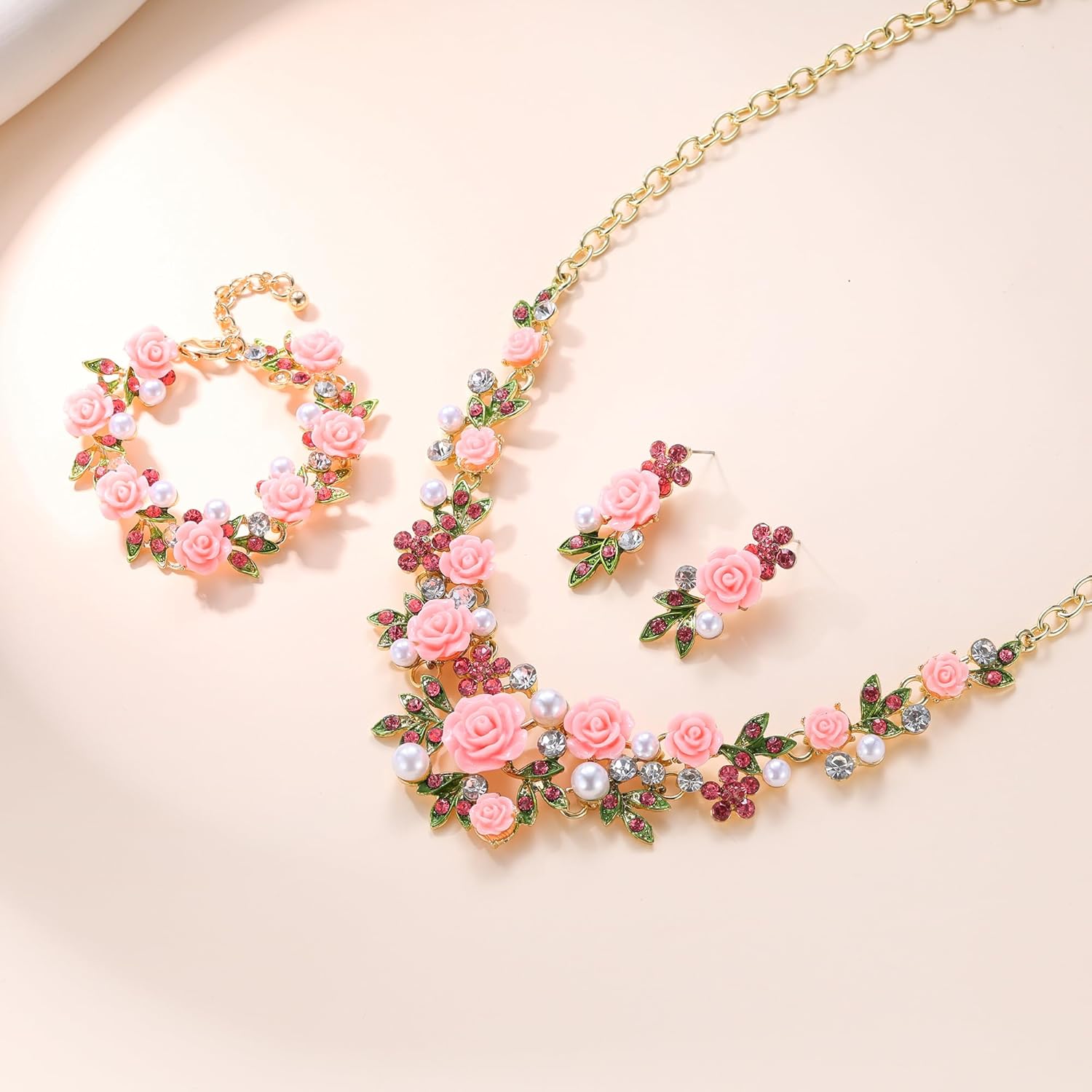 EVER FAITH Costume Jewelry Crystal Simulated Pearl Rose Flower Leaf Prom Party Statement Necklace Earrings Bracelet Set for Women