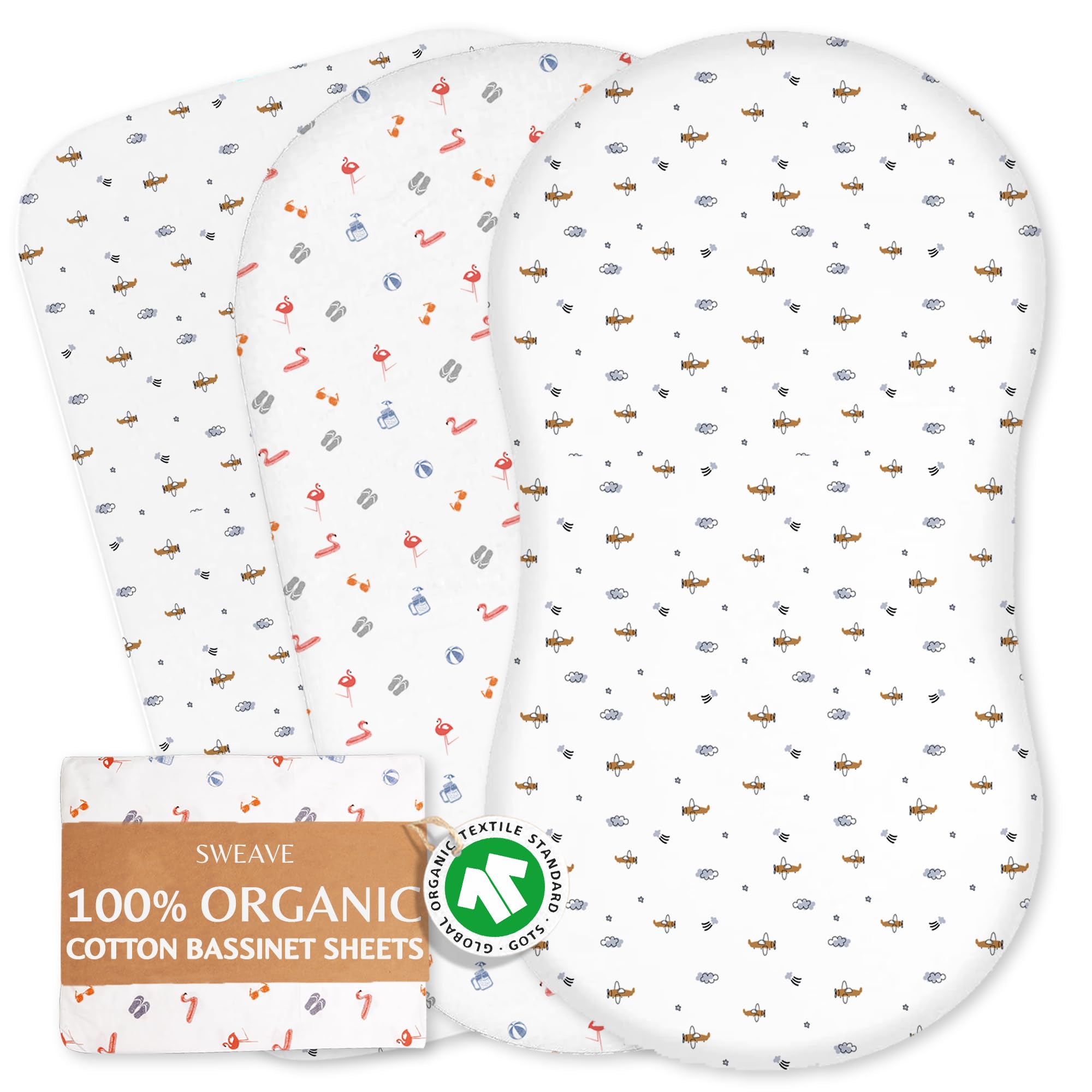 Sweave Organic Moses Basket Sheets Fitted (2-Pack) - 100% GOTS Certified Bassinet Sheets, Breathable Cotton Sheets - Compatible with Moses Baskets and Most Bassinets (84x40 cm)