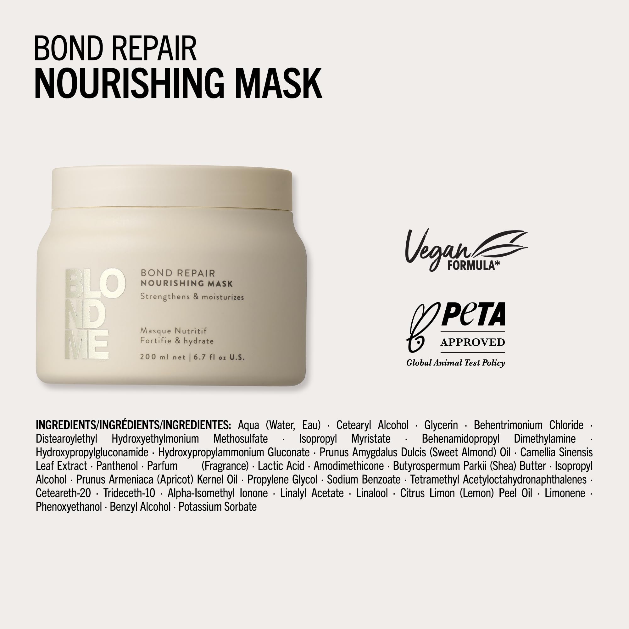 Schwarzkopf Professional BLONDME Bond Repair Nourishing Mask Masque Capillaire Réparateur Profondément Nourrissant Lisser Les Cheveux Poreux Hydratant Et Adoucissant 200 ml