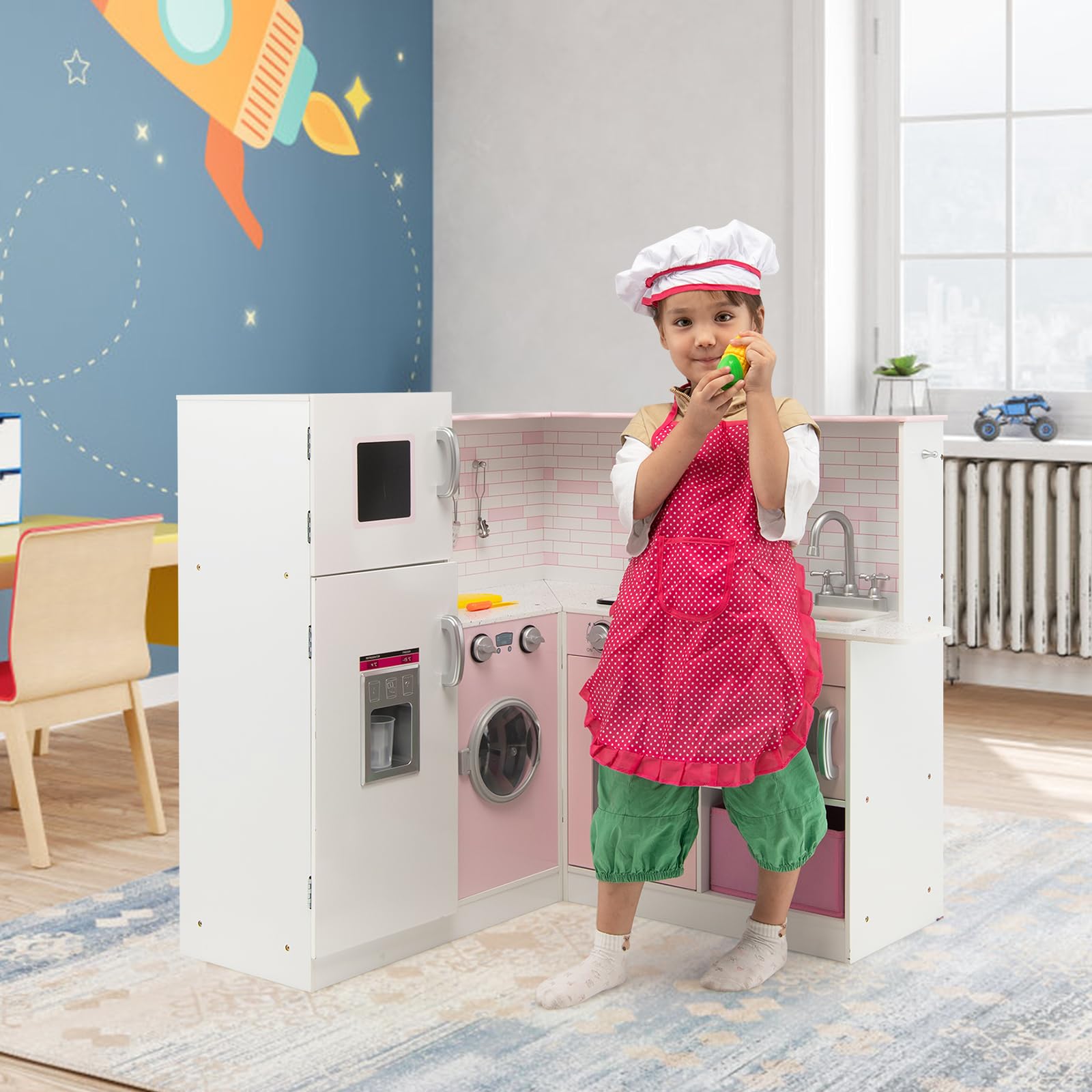 HOMASIS Cucina per Bambini in Legno ad Angolo Con Luci e Suoni, Cucinetta Con Lavello, Piano Cottura, Forno, Microonde, Lavagna - per Bambini dai 3 Anni in Su, Rosa