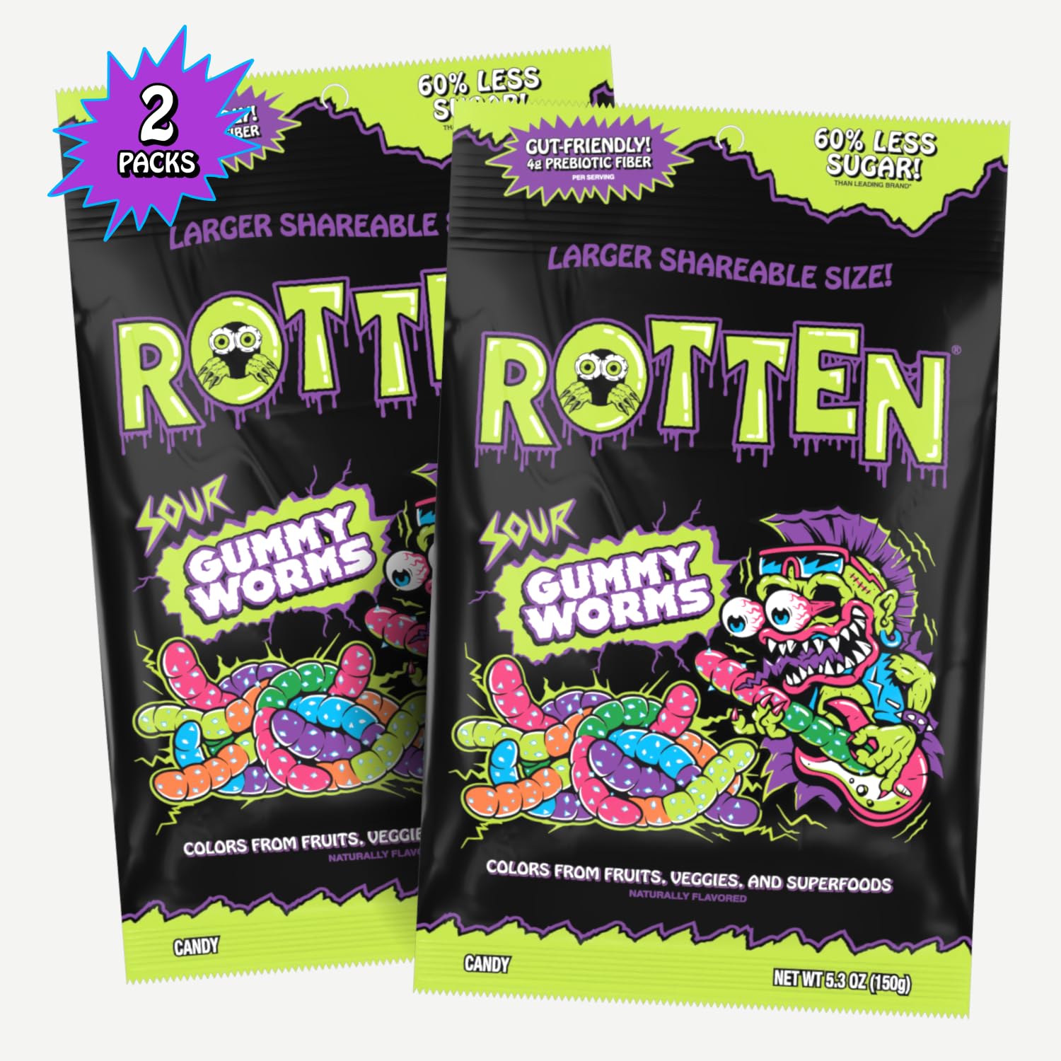 Rotten Sour Gummy Worms - Low Sugar, Low Calorie, 7g Gut-Friendly Prebiotic Fiber and 3g Protein, Gluten Free Candy - 5.3 oz Share Pack [2 Pack]