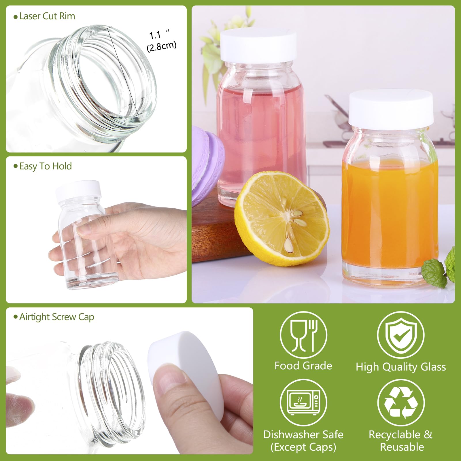 YBCPACK 12 Pack 80ml Reusable Mini Clear Glass Shot Bottles, Wellness Shots Bottles for Juice Ginger - Image 3