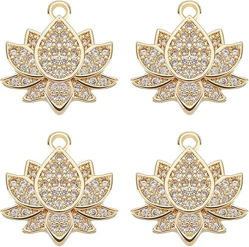 Miniatura 1 de Beebeecraft 1 caja de 8 dijes de flor de loto chapados en oro de 18 quilates de latón con circonita cúbica plana redonda con anillo de salto para