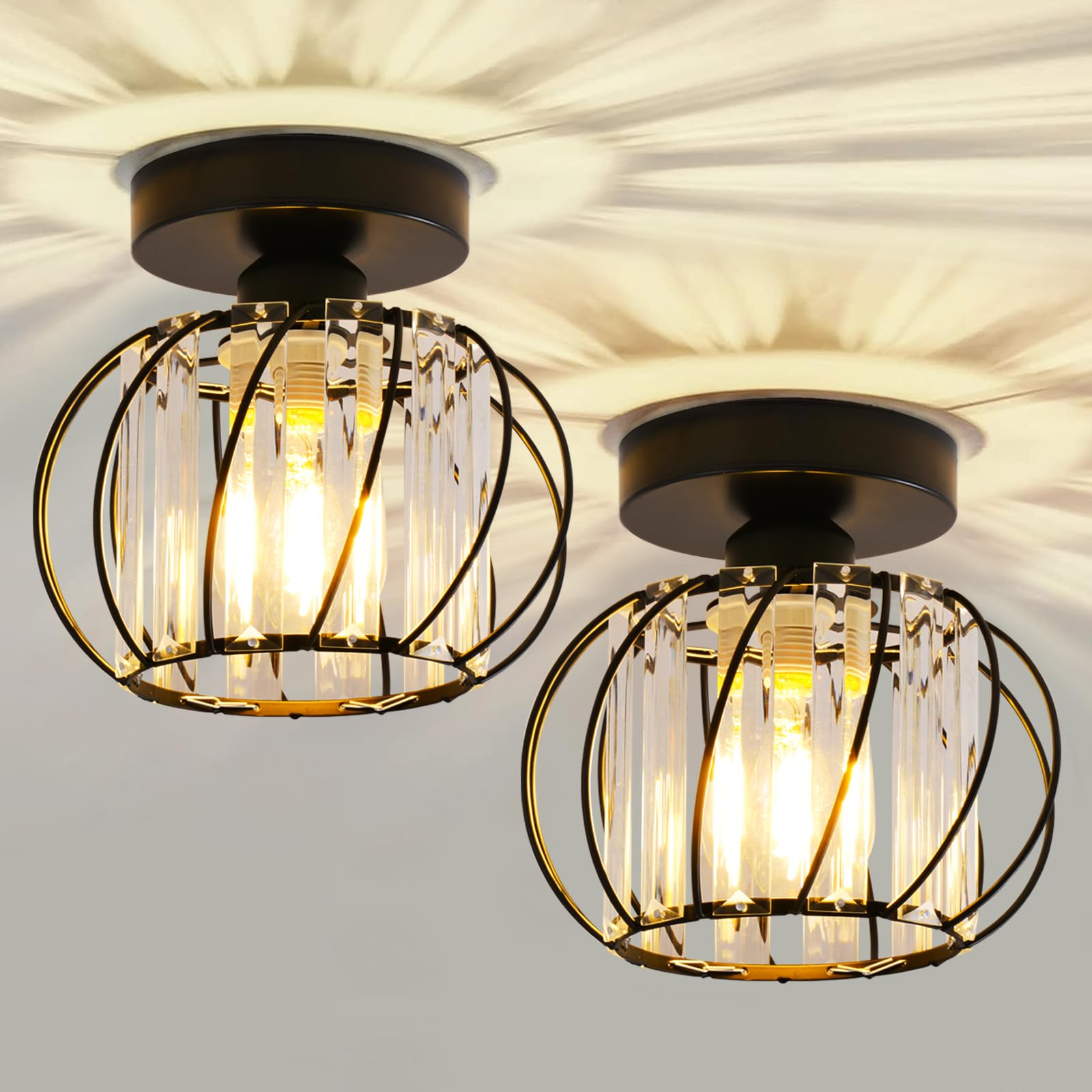 Seruno X Crystals Ceiling Light Fixtures Chandelier, Small Semi Flush Mount Ceiling Light, Modern Ceiling Lighting for Hallway Kitchen Living Room Bedroom Dining Room Bathroom Bar - Black 2 Pack