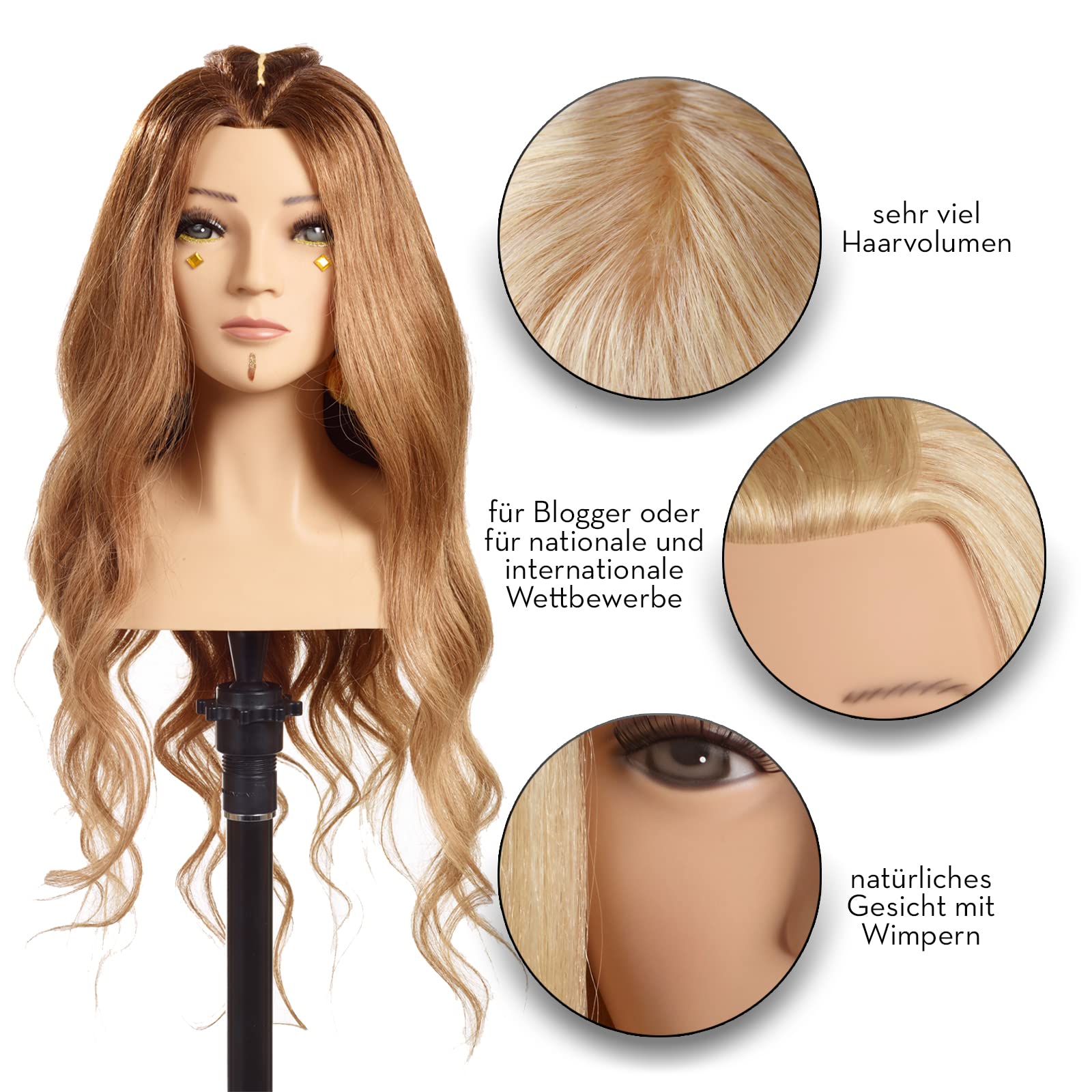 Frisierkopf Elena - L'IMAGE - mit 50 cm Echthaar, mit Wimpern