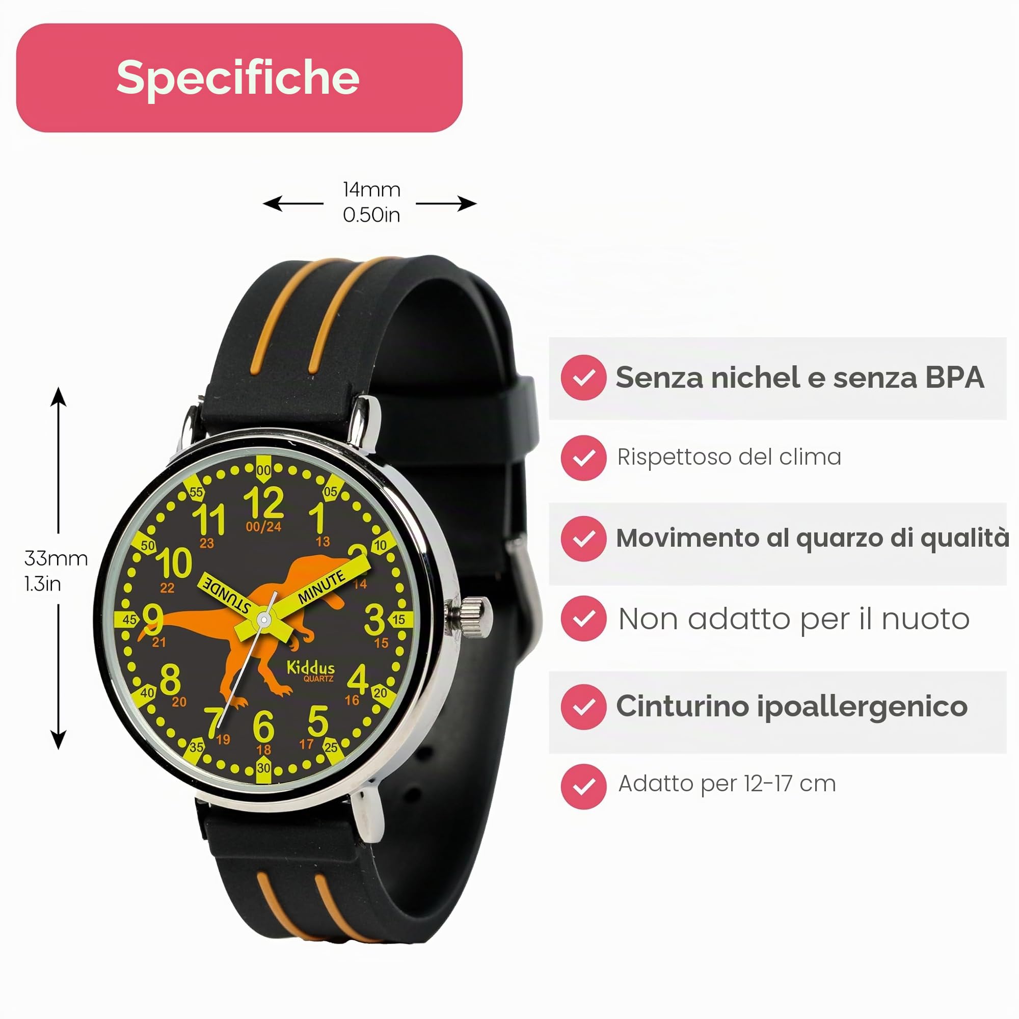 Kiddus Orologio Educativo per Bambino e Bambina dai 5 ai 10 Anni, Orologio Analogico Didattico per Imparare l'Ora, Movimento Giapponese