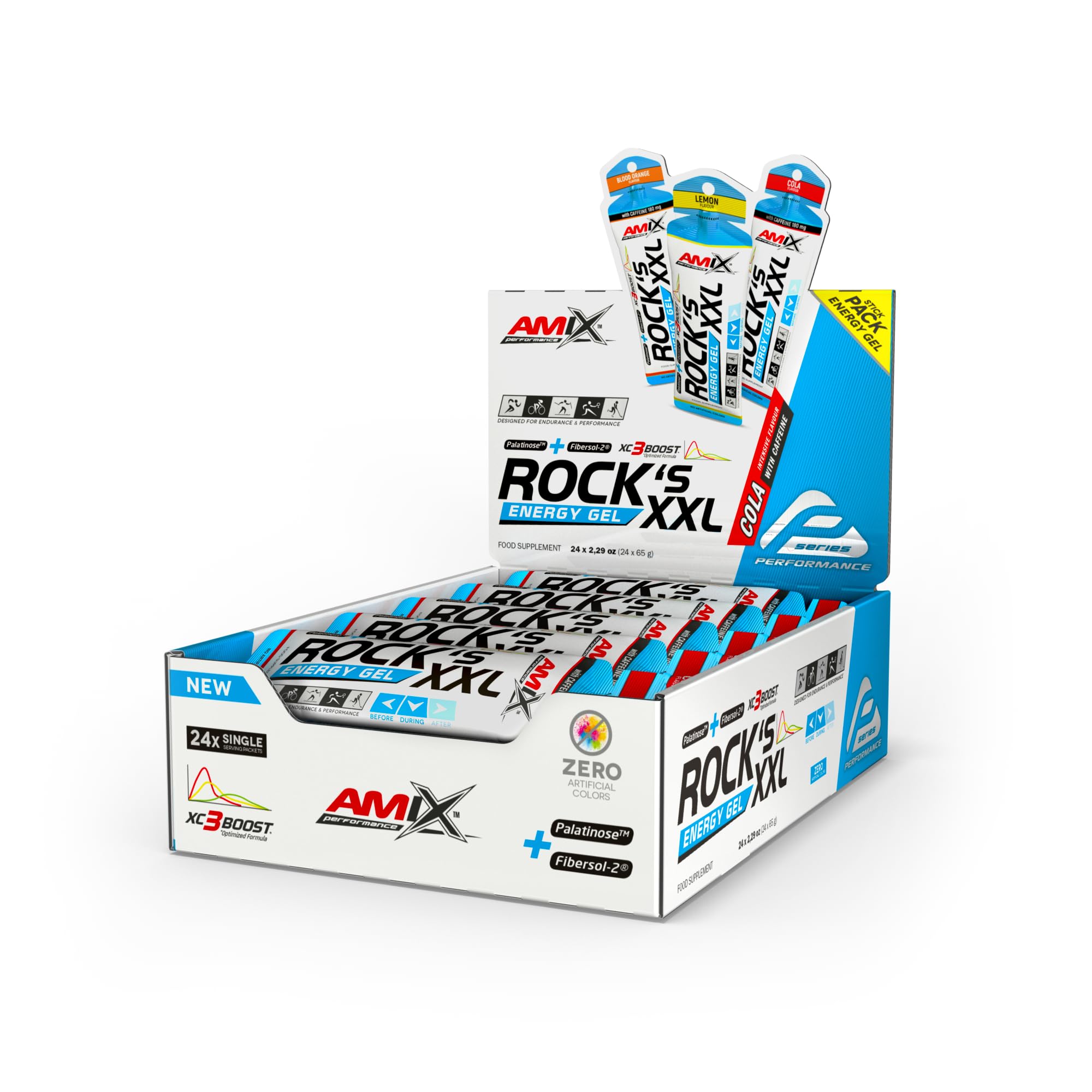 Amix™ Rock‘s Energy Gel XXL – Gel Energético con Carbohidratos, Minerales y Vitamina C – Con Cafeina - Fuente Rápida de Energía para Deportista - Sabor Cola – 24 x 65 g