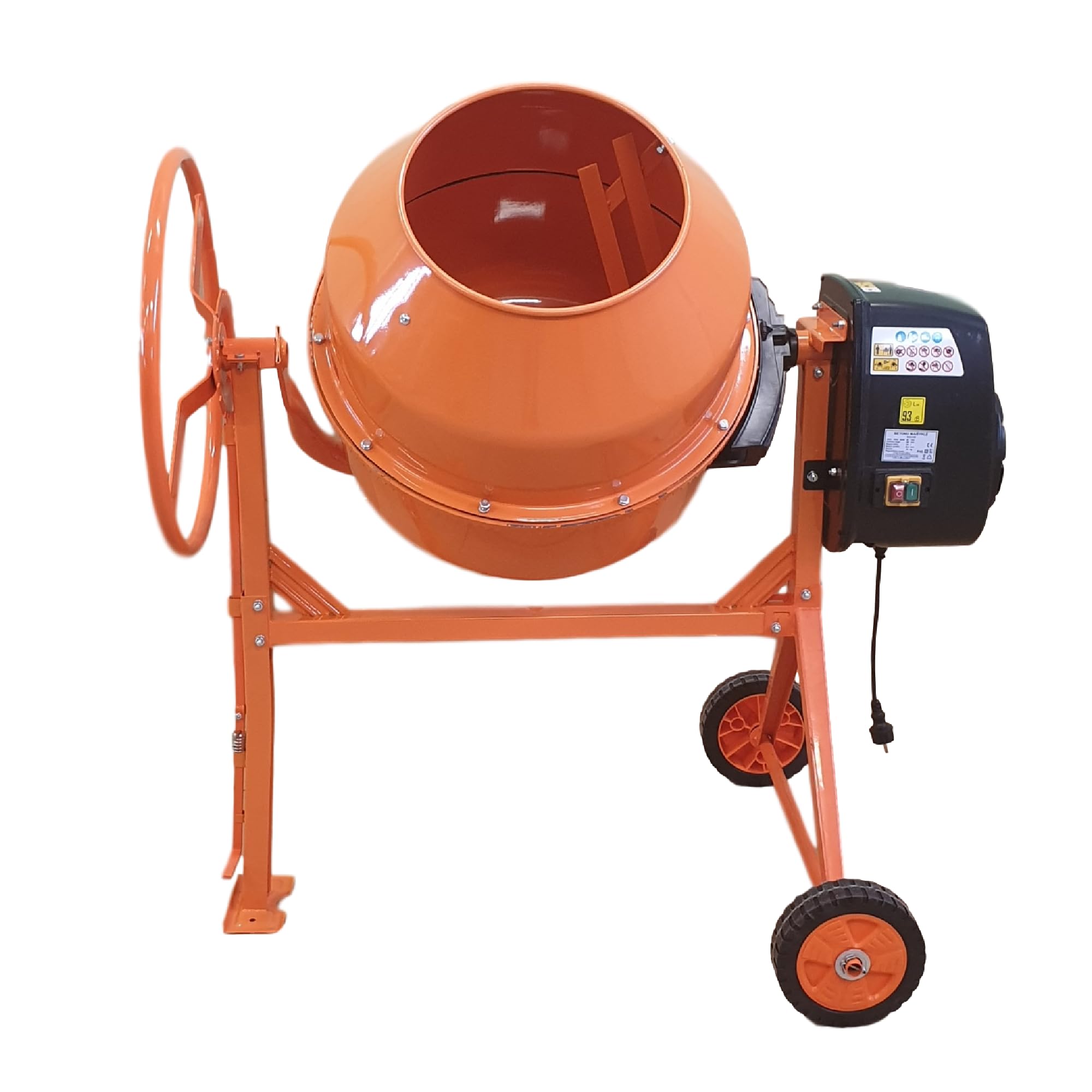 Betonmischer BAU200, 200L Trommel, 1050W Motor, Orange, Stahlrahmen mit Metall-Zahnkranz, Kunststoffräder, Kipp-Handrad
