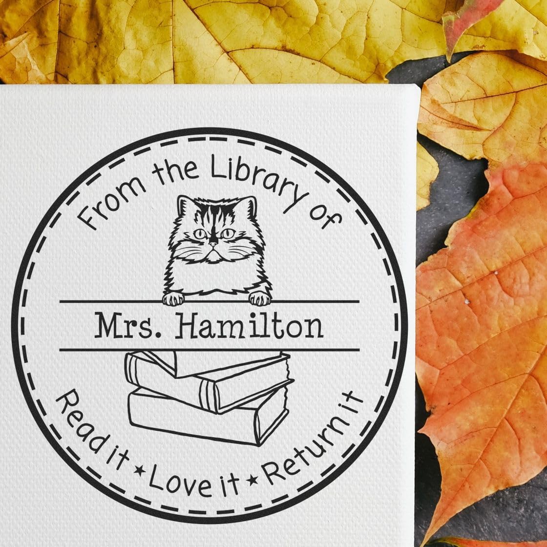 Round Persian Peeking Cat Teacher Library Rubber Stamp, Use with Stamp Pad, Easy Press and Print Stamping, Round Design, Size 1-5/8"