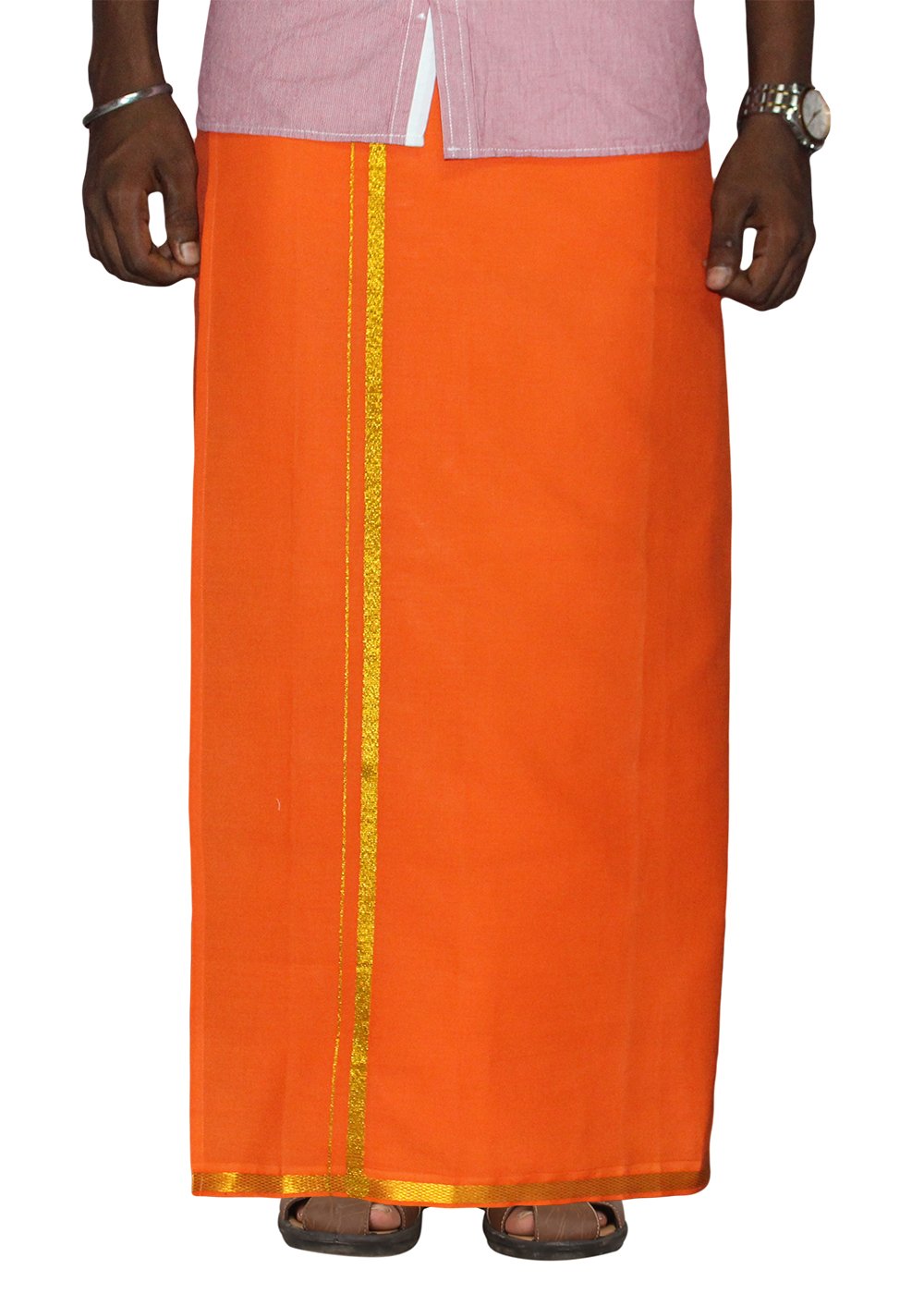 Prakasam Cotton Men's Single Orange Colour With Jari Border Welcro Pocket Dhoti (Hip Size-36)-(Length-42Inches)