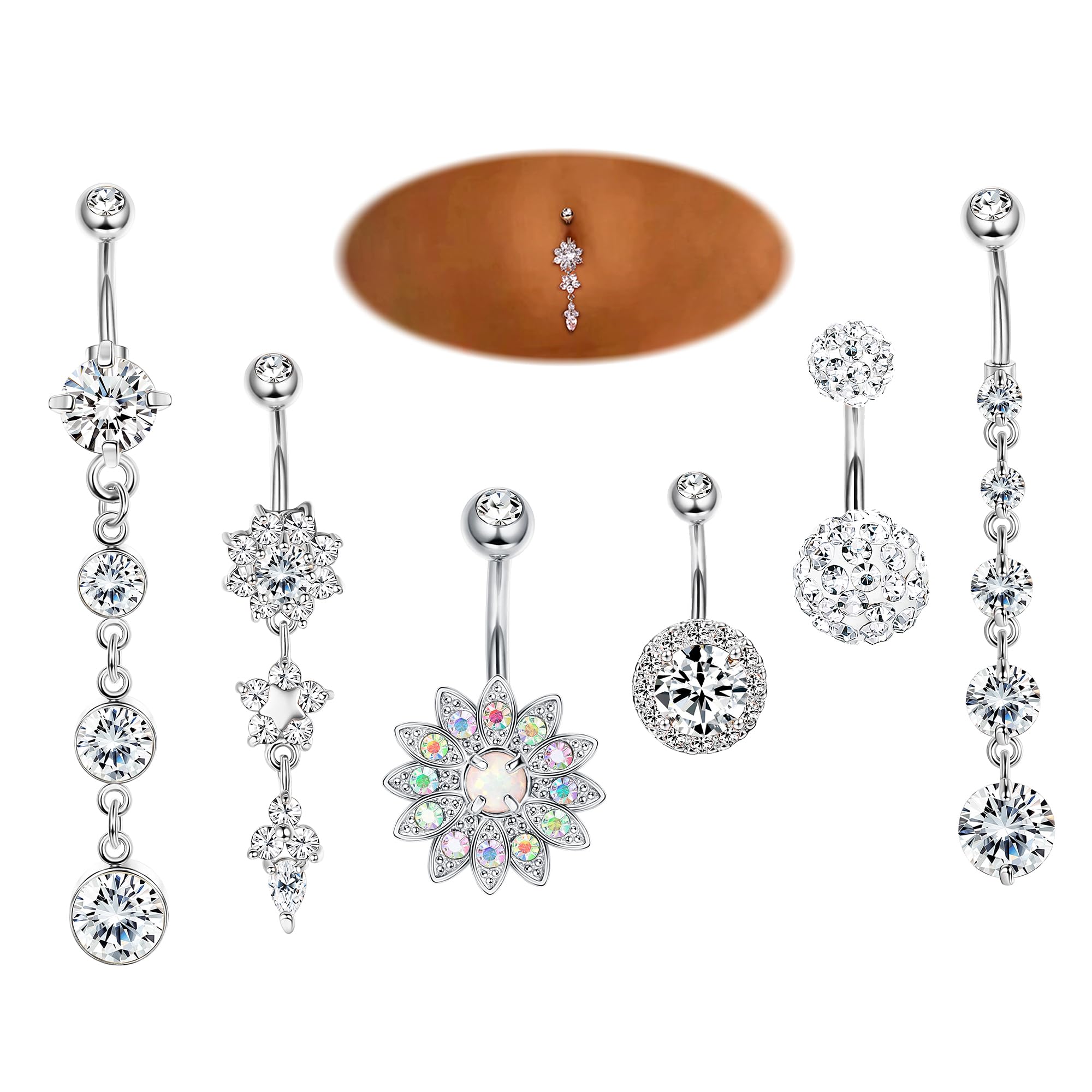 JOERICA 3-6Pcs 14G 316L Stainless Steel Belly Button Rings for Women Flower CZ Dangle Belly Button Rings Navel Piercing JewelryCarbonfree Certified