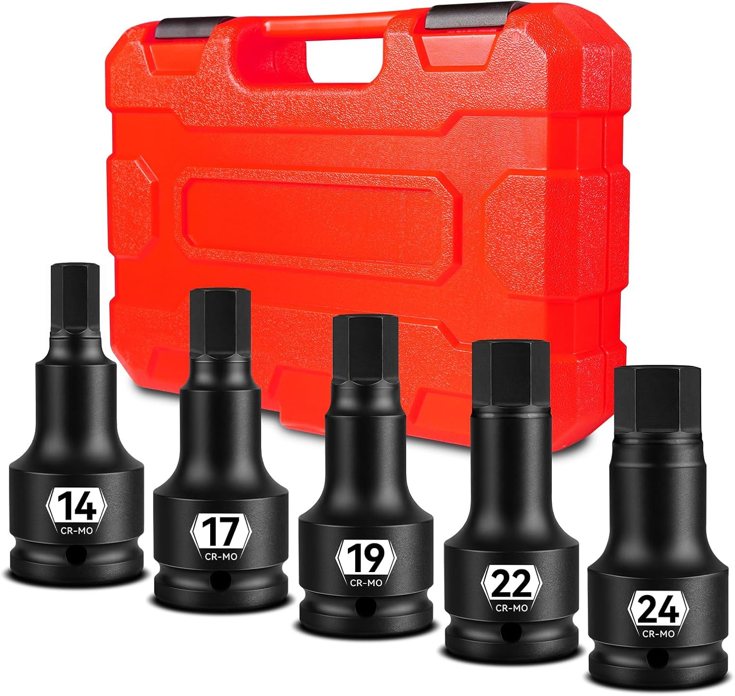 zhax 3/4 Inch Drive Impact Allen Socket Set, 14mm, 17mm, 19mm, 22mm, 24mm Metric Hex Bit Socket, 5-Piece, Master Impact Grade Cr-Mo Steel With Heavy Duty Storage Case