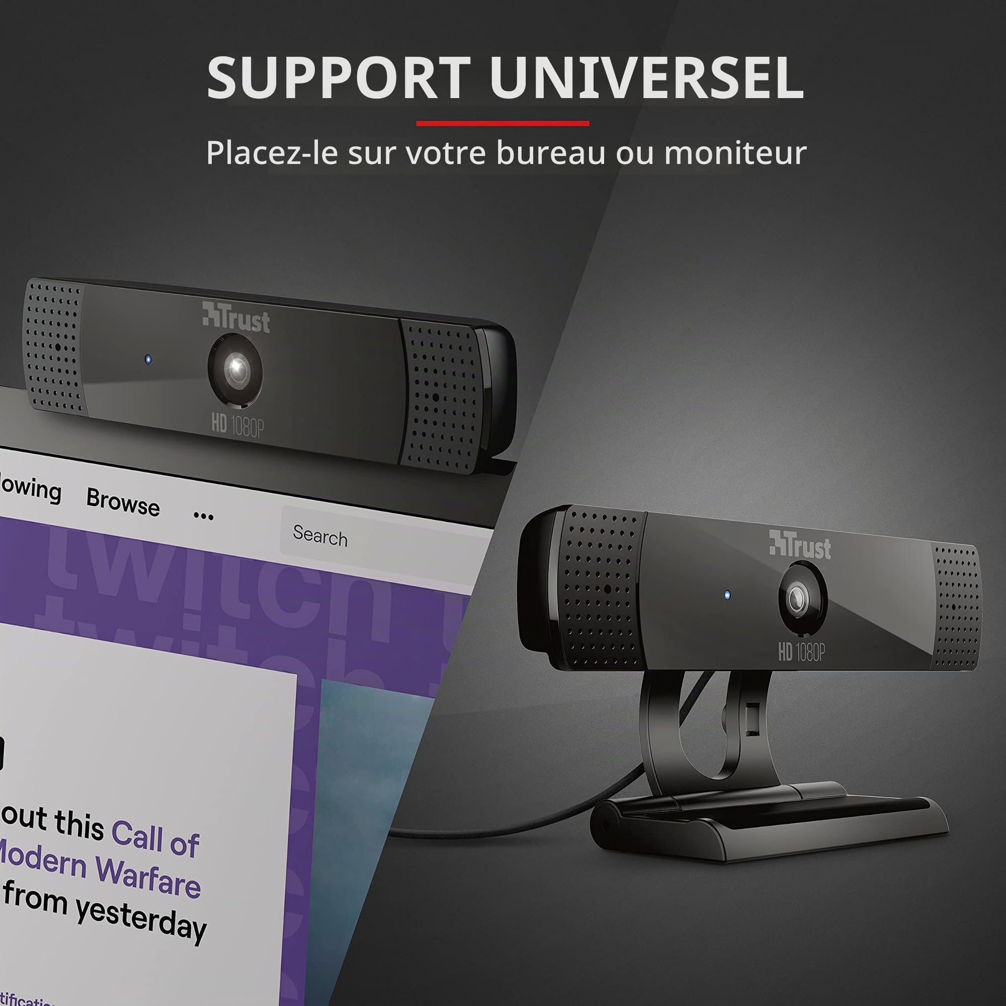 Trust Gaming GXT 1160 Vero Webcam Full HD 1080p 30 FPS avec Micro Intégré, Web Caméra d’Ordinateur USB pour PC, Ordinateur Portable, Laptop, Video, Youtube, Skype, Teams, Zoom, Streaming - Noir