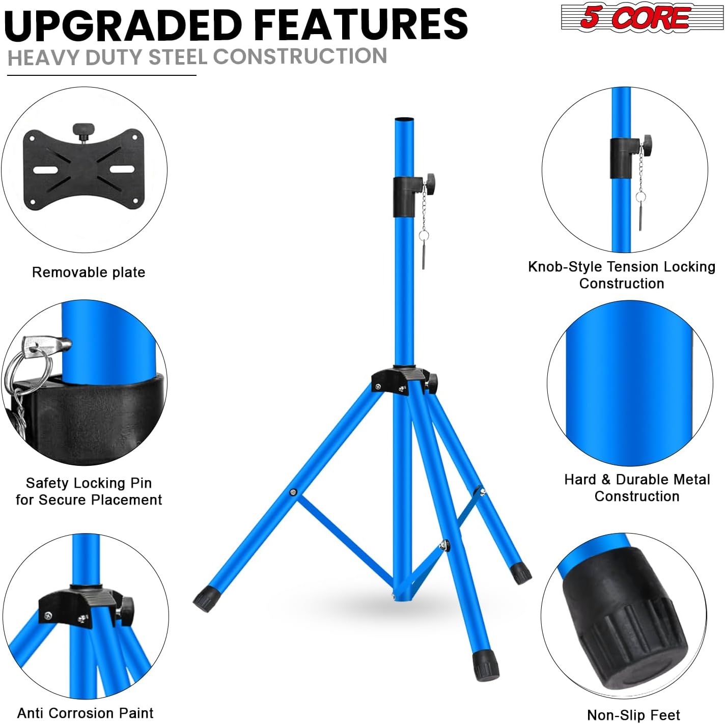 5 Core Speaker Stand Pair Universal Mount Steel Construction 132 Lb Capacity Stable Tripod w/Adjustable Height 36” w 35mm Compatible Insert Metal Safety Pin Included Bag