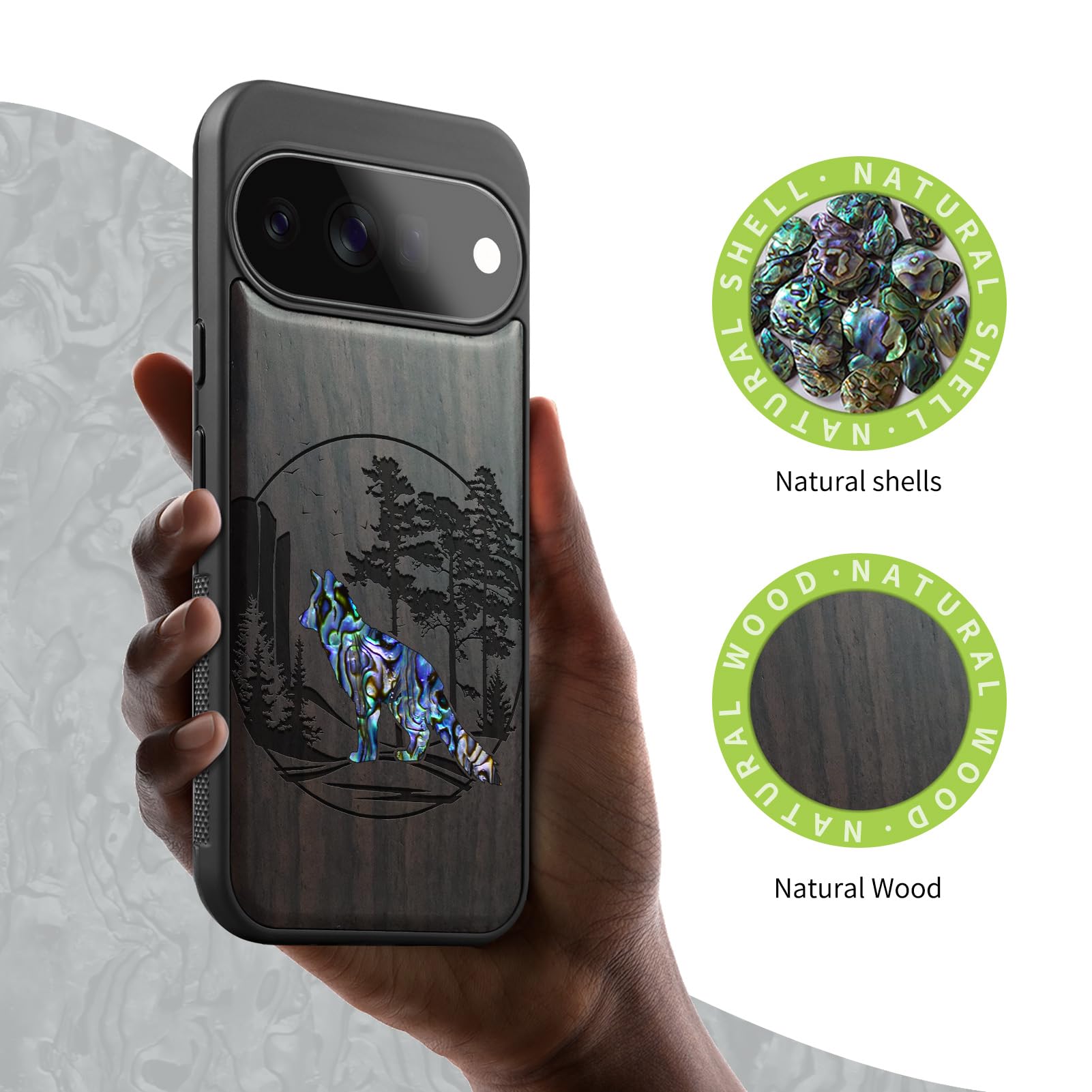 Carveit Madera Funda para Google Pixel 11 (Oscura-Zorro y Maderas)