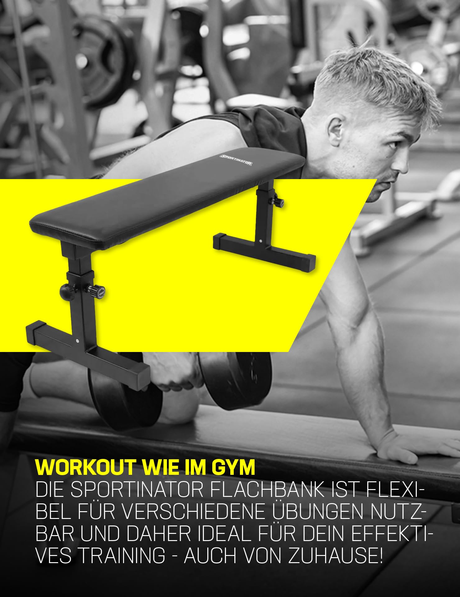 SPORTINATOR® Banc plat réglable en hauteur avec revêtement en cuir synthétique facile à nettoyer avec 3 supports et 2 bandes de résistance pour différents exercices de musculation à la maison
