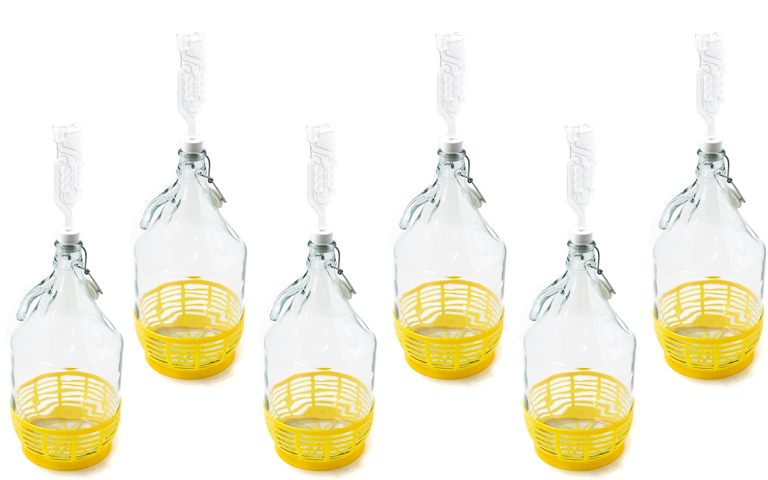 Bouteille bonbonne à col étroit avec couvercle pivotant, panier de protection, sas et bouchon pour la fabrication du vin, la fermentation, le stockage des boissons, verre transparent, 6 x 5 L