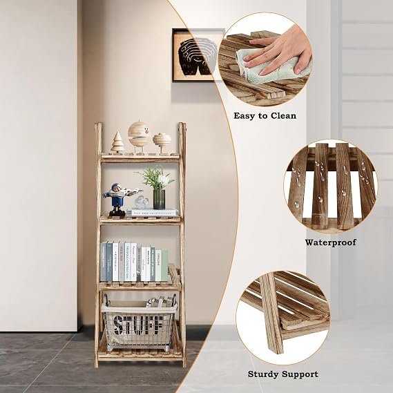 ECOMEX Ladder Shelf - Storage Organizer with Rustic Wood 4 Tier Shelves, Stylish and Functional Indoor Plant Stand and Bookshelf for for Living Room, Bedroom, Home Office, Laundry(Light Brown)