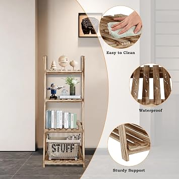 ECOMEX Ladder Shelf - Storage Organizer with Rustic Wood 4 Tier Shelves, Stylish and Functional Indoor Plant Stand and Bookshelf for for Living Room, Bedroom, Home Office, Laundry(Light Brown)