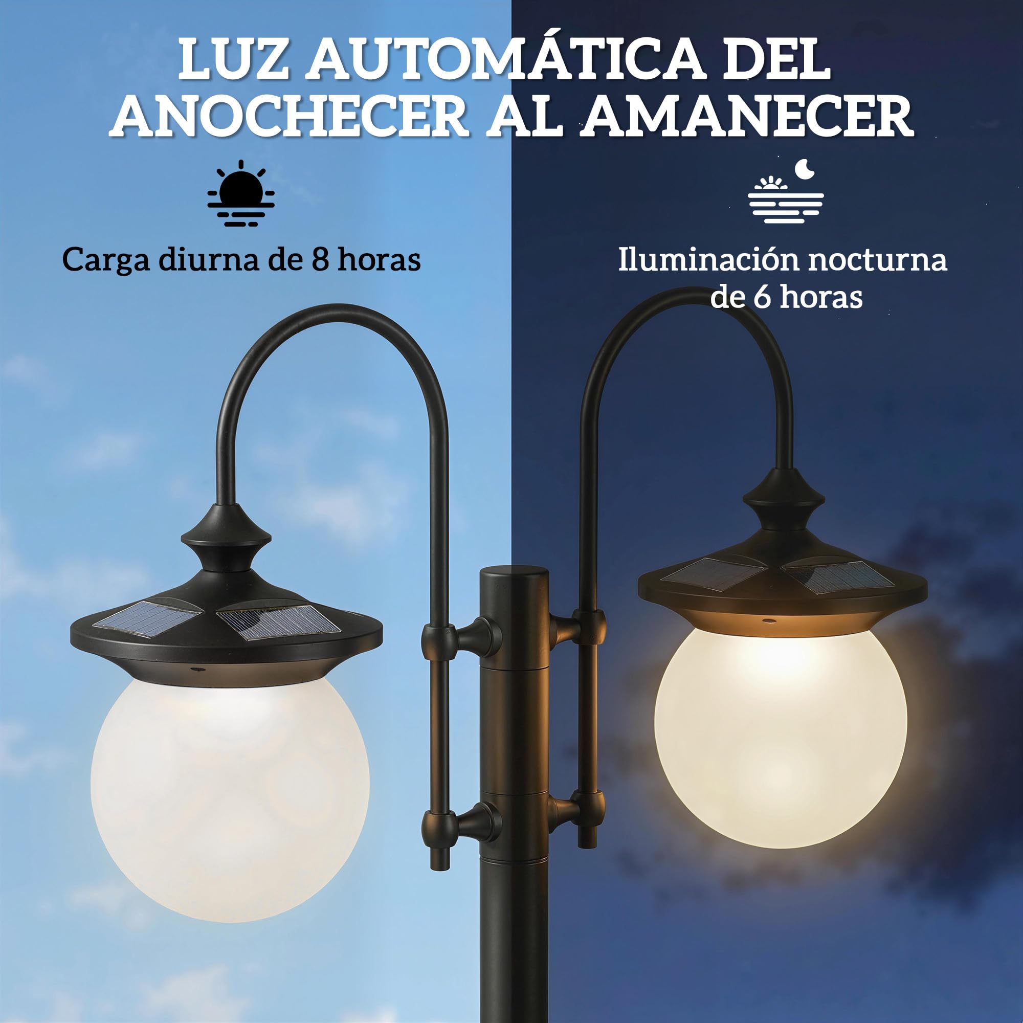 Outsunny Farola Solar Exterior de Jardín con Macetero 53,5x30x182cm Negro | 2 Cabezales, Impermeable IP44, Encendido/Apagado Automático, Altura Ajustable, Luz Solar de Exterior LED, Terraza Patio