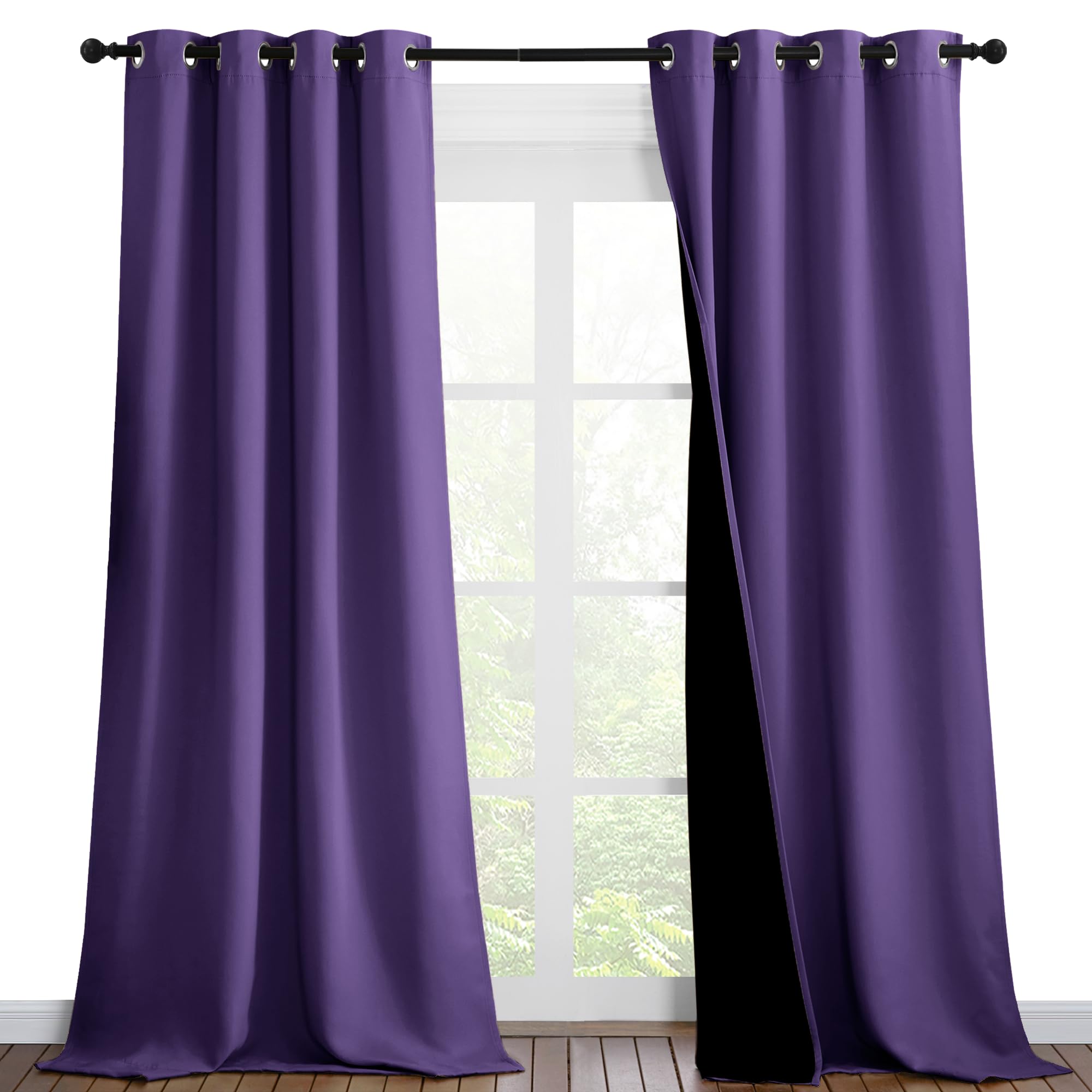 NICETOWN 100% Blackout Blinds, Set of 2, 46 inches x 102 inches, Laundry Room Decor Window Treatment Curtains for Large Patio Sliding Door, Thermal Insulated Lilac Purple Curtains for Bedroom