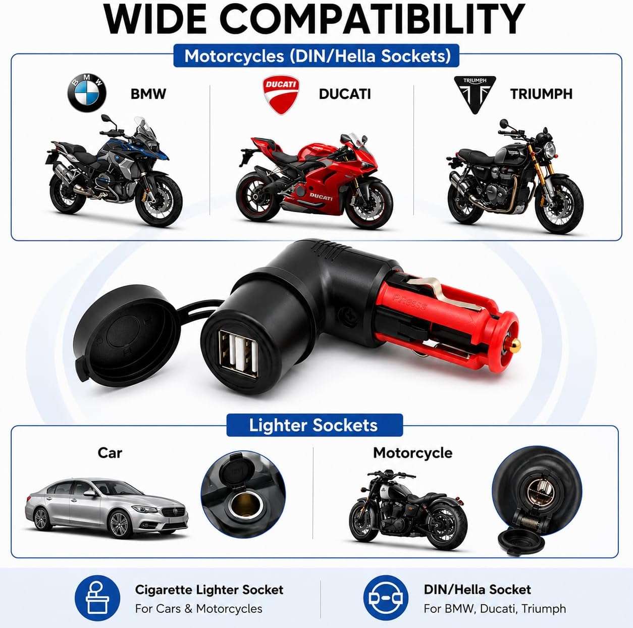 Cliff Top Motorcycle USB Charger 3.3A Hella DIN + Cigarette Lighter Adapter image 2