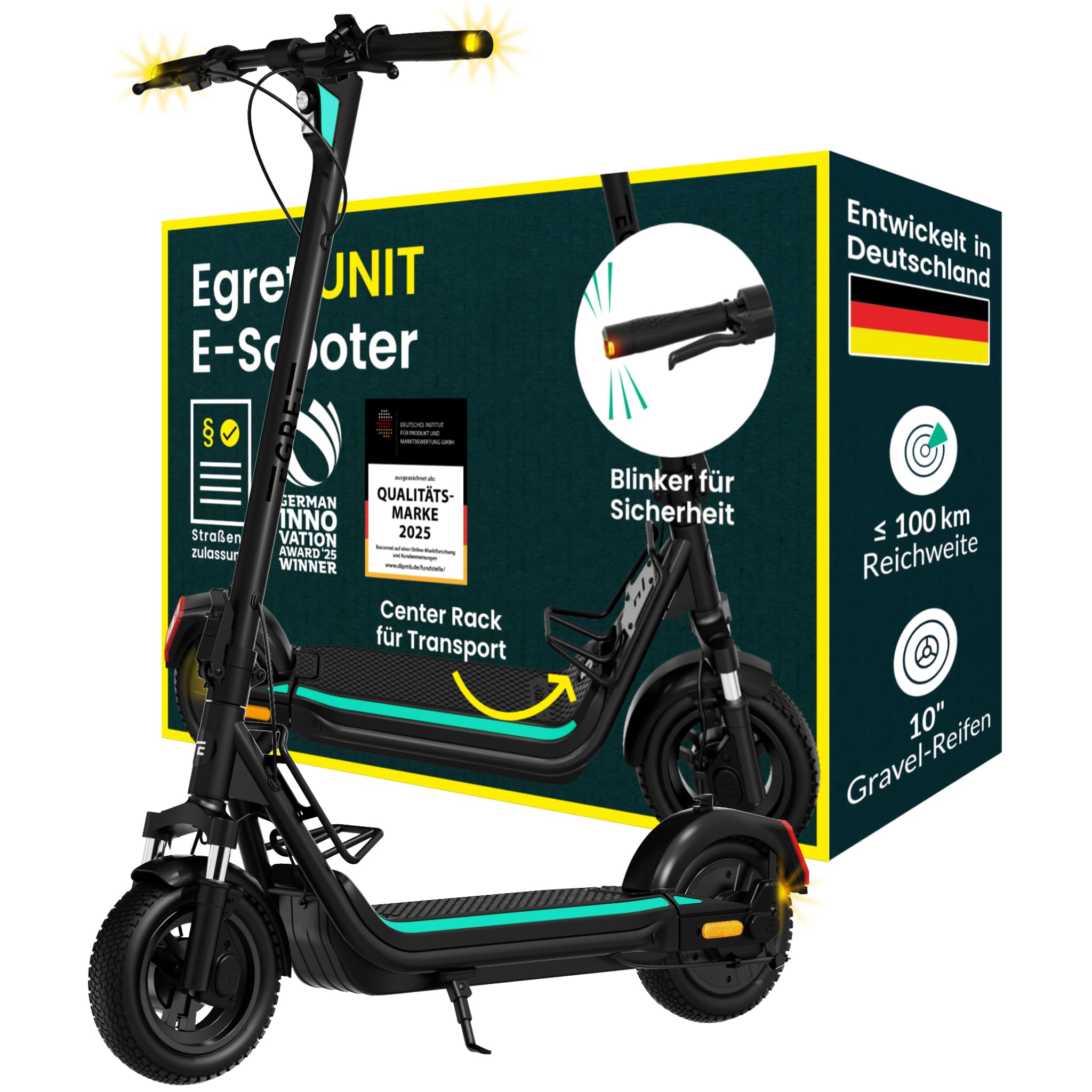 Neuerscheinung 2026: Egret Unit E-Scooter mit Straßenzulassung, 20 km/h, 100 km, Doppelfederung | Gepäcklösung, 10" Gravel-Luftreifen, Blinker, App, 32% Steigung, max. 130 kg, individualisierbar