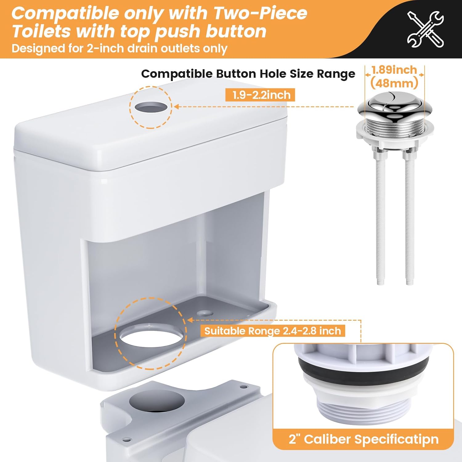 2-Inch Dual Flush Valve Replacement Kit for 2-Piece Toilets, Toilet Repair Kit Inside Tank with Push Button, Gasket & Bolts,Compatible with Glacier Bay, Kohler, American Standard, and Toto