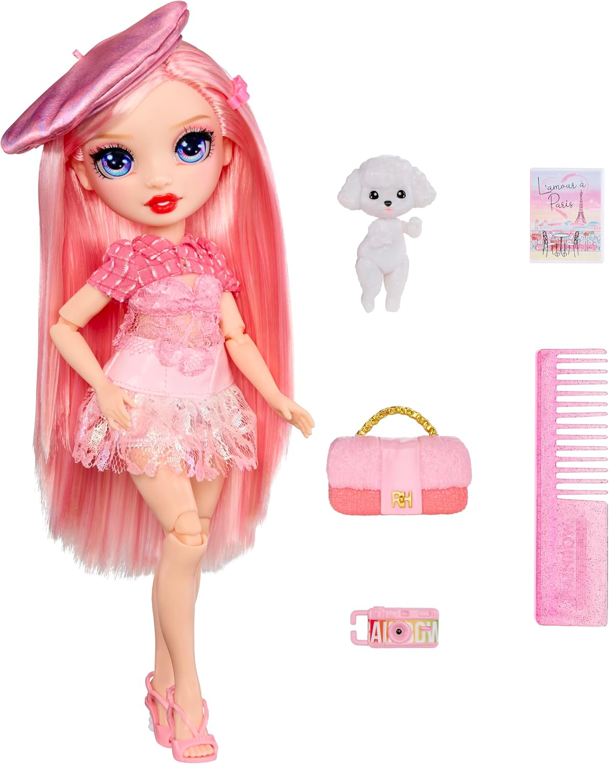 Детские куклы Rainbow High Pretty in Paris Fashion - Bella Parker (Pink), Rainbow 11" Fashion Doll with Outfit, Stylish Handbag, Girls Toy Gift for Kids Ages 4-12 Years, цвет: Разноцветный — фото 2