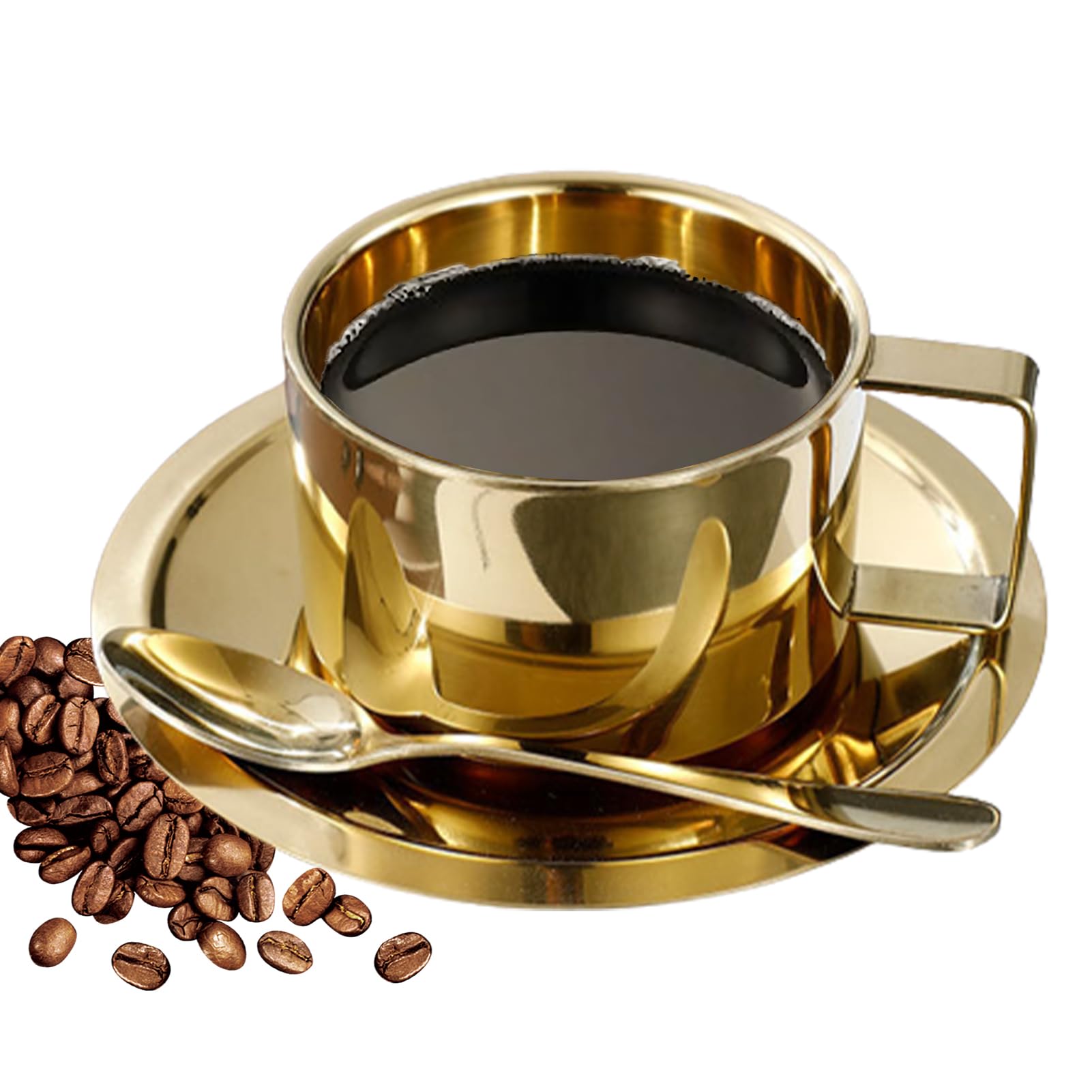 Tasse à Café En Acier Inoxydable Double Paroi Avec Soucoupe Et Cuillère | Design élégant Argenté | Cadeau Amateurs Café - 3