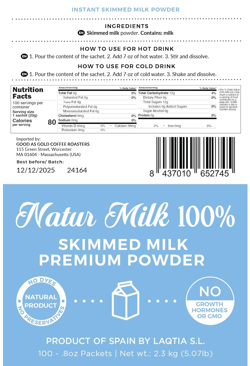 Laqtia Non-Fat Milk Powder, 100ct Bulk Box, Makes 8oz Glass, Non GMO, bST & rBGH Free, 100% European Dairy, Product of Spain