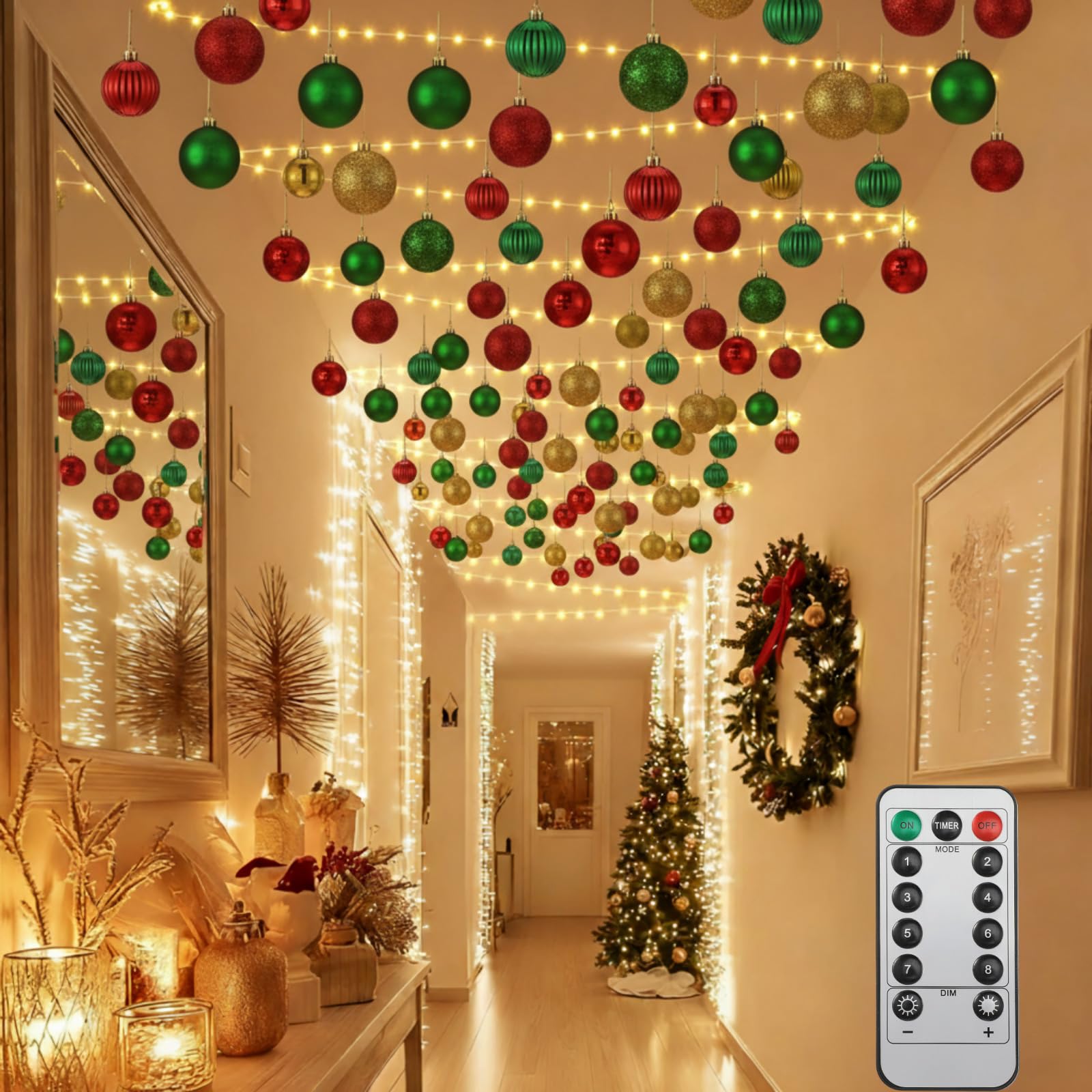 Halloscume Weihnachts-Lichterkette für Flure, Deckenleuchten, Dekorationen, 19,8 m, LED-Lichterkette mit Fernbedienung, 63 Weihnachtskugeln, Ornamente, DIY, Urlaub, Party, Veranda-Dekoration