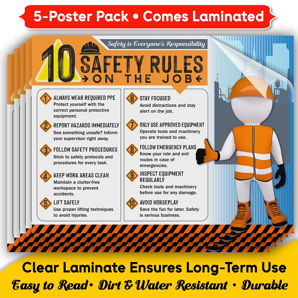 Poster "10 Safety Rules on the Job" Version 2025 - 45,7 x 61 cm, langlebiges laminiertes Sicherheitsschild, reißfest, wasserdicht, Arbeitsplatzsicherheitsposter für Industrie und Baueinstellungen (5