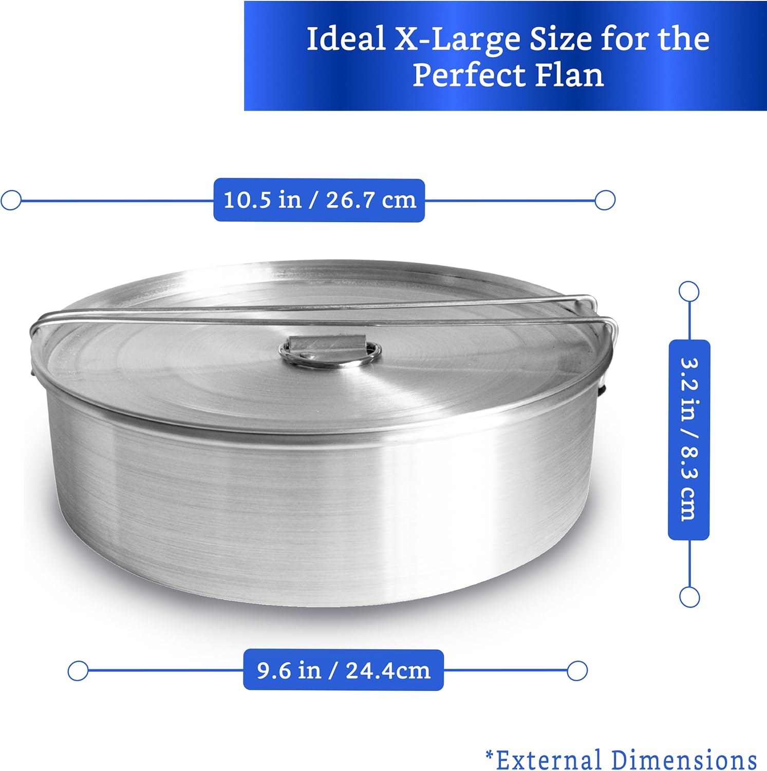 Flan Mold with Lid - Oversized XL (10.5 x 3.2 in) - Authentic Mexican Flan Pan - Flan Molds for Baking with Water Bath - Molde para Flan Baño Maria - Flaneras Moldes con Tapa