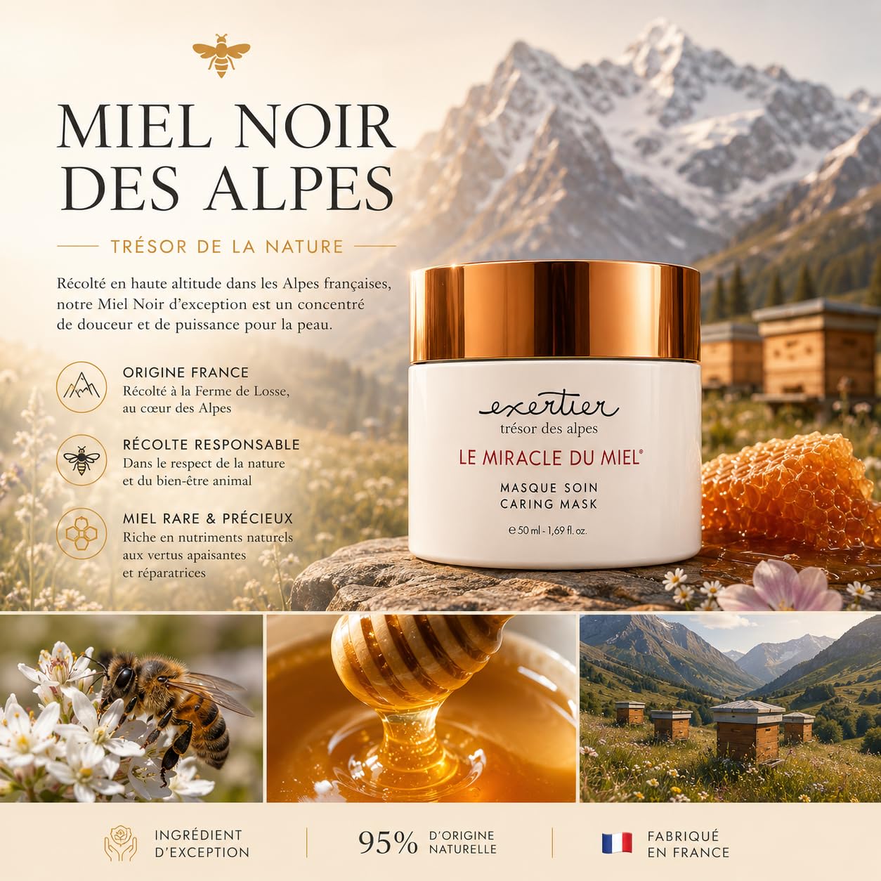 Coffret Routine Visage au Miel des Alpes – 5 Soins pour Peaux Sèches et Sensibles – Crème de Jour 50 ml, Masque de Nuit 50 ml, Huile Visage 30 ml, Contour des Yeux 15 ml et Savon 110 g – Fabr
