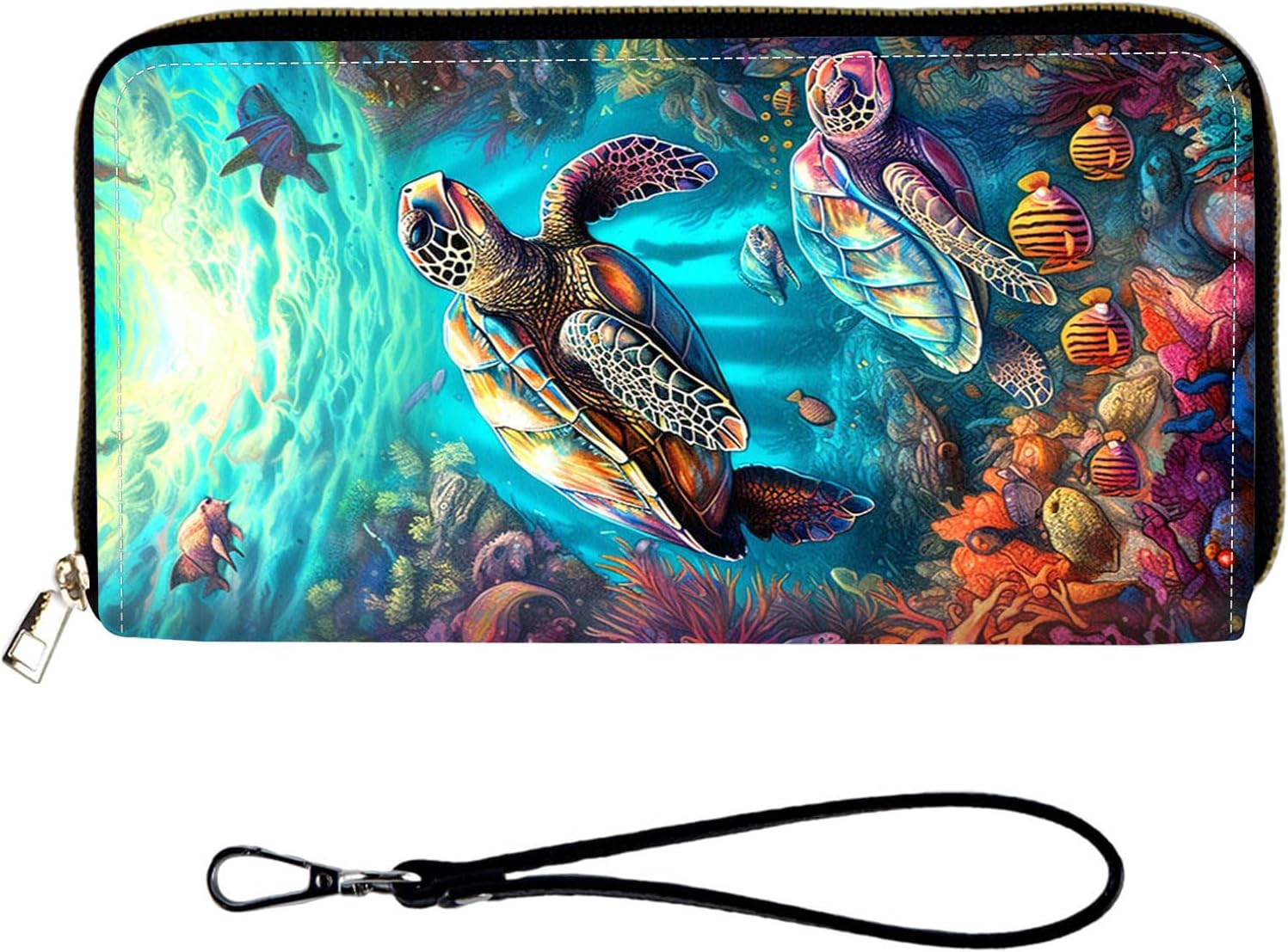 RFID Blocking Wallet for Women, Large Capacity Clutch Purse with Wrist Strap, Slim PU Leather Card Holder Phone Wallet for Ladies, Blue Sea Turtle