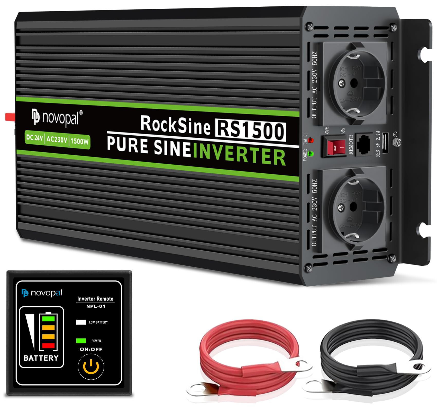 Novopal 1500W 3000W Inverter Onda Sinusoidale di Potenza,DC 12V in AC 220V Inverter di Tensione,2 EU Presa con Uscita USB,5 Metri di Telecomando,Adatto per Famiglia, Campeggio, Viaggi