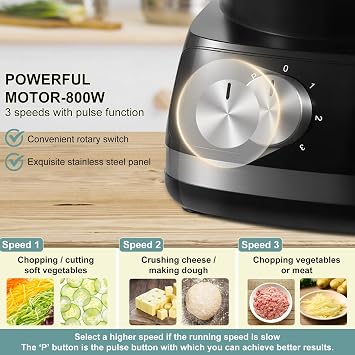 TopStrong Food Processor, 6-in-1 Food Processor and Blender Multifunctional for Chopping, Slicing, Shredding and Kneading Dough, 3 Speeds with Pulse, 2L Mixing Bowl, 3-in-1 Cutting Disc, 800W, Black