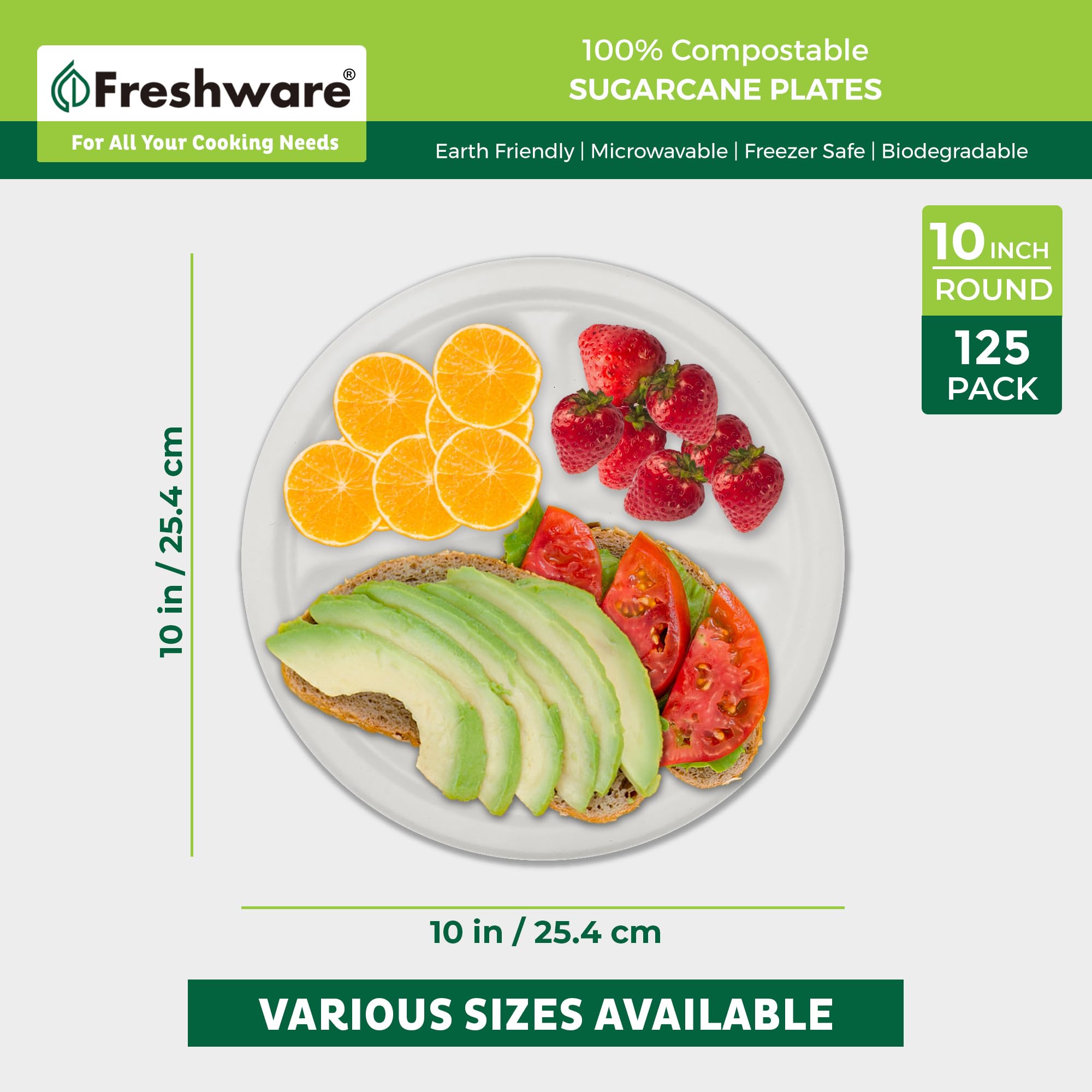 Freshware Pappteller, Einwegteller, 25,4 cm, biologisch abbaubar, Zuckerrohrfaser, robustes Geschirr, mikrowellen- und gefriergeeignet, stapelbares Geschirr, 3 Fächer, 125 Stück