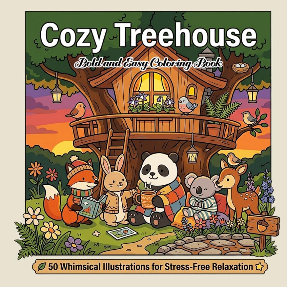 Cozy Treehouse Bold and Easy Coloring Book: Whimsical Woodland Creatures