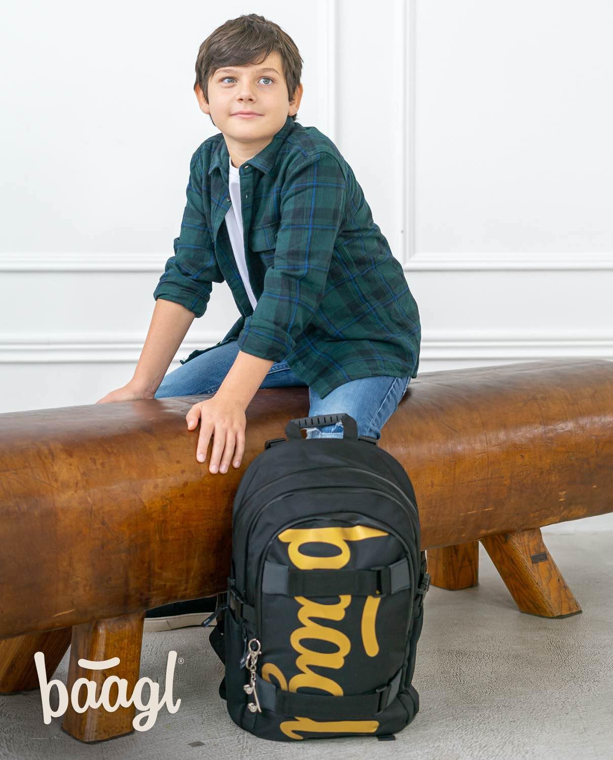 Baagl Juego de mochila escolar para niñas y niños, 3 piezas, mochila escolar a partir de 3ª clase, mochila escolar con correa para el pecho, mochila ergonómica (Skate Gold), Skate Gold