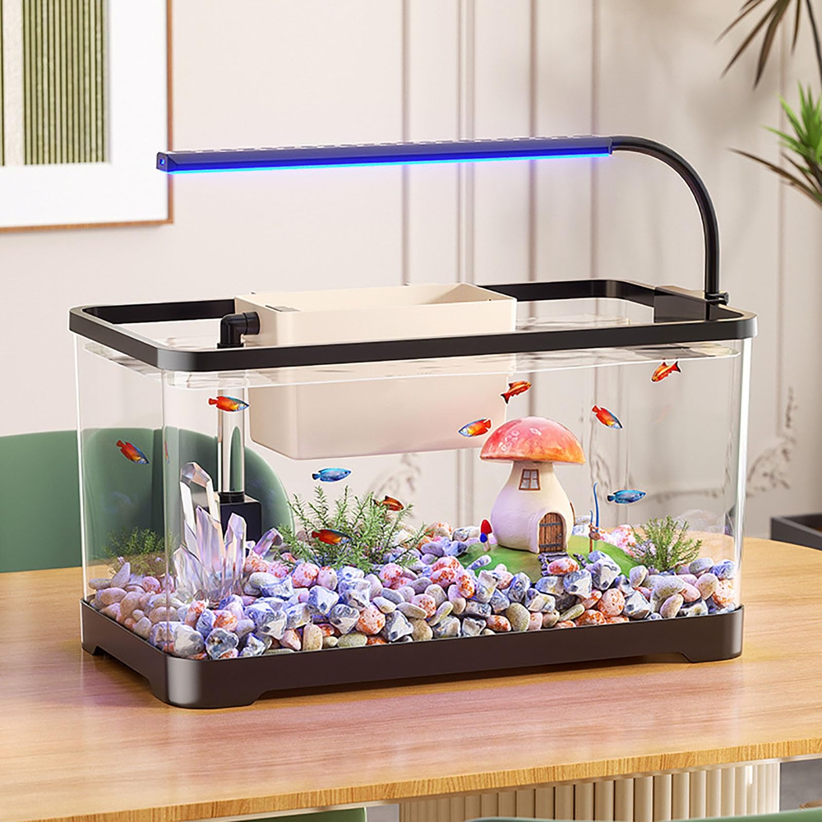 Kit Complet D'aquarium De Bureau, Kit Complet avec Lampes LED, Pompe À Air, Système De Filtration pour Crevettes Poissons Rouges Tortues(L)