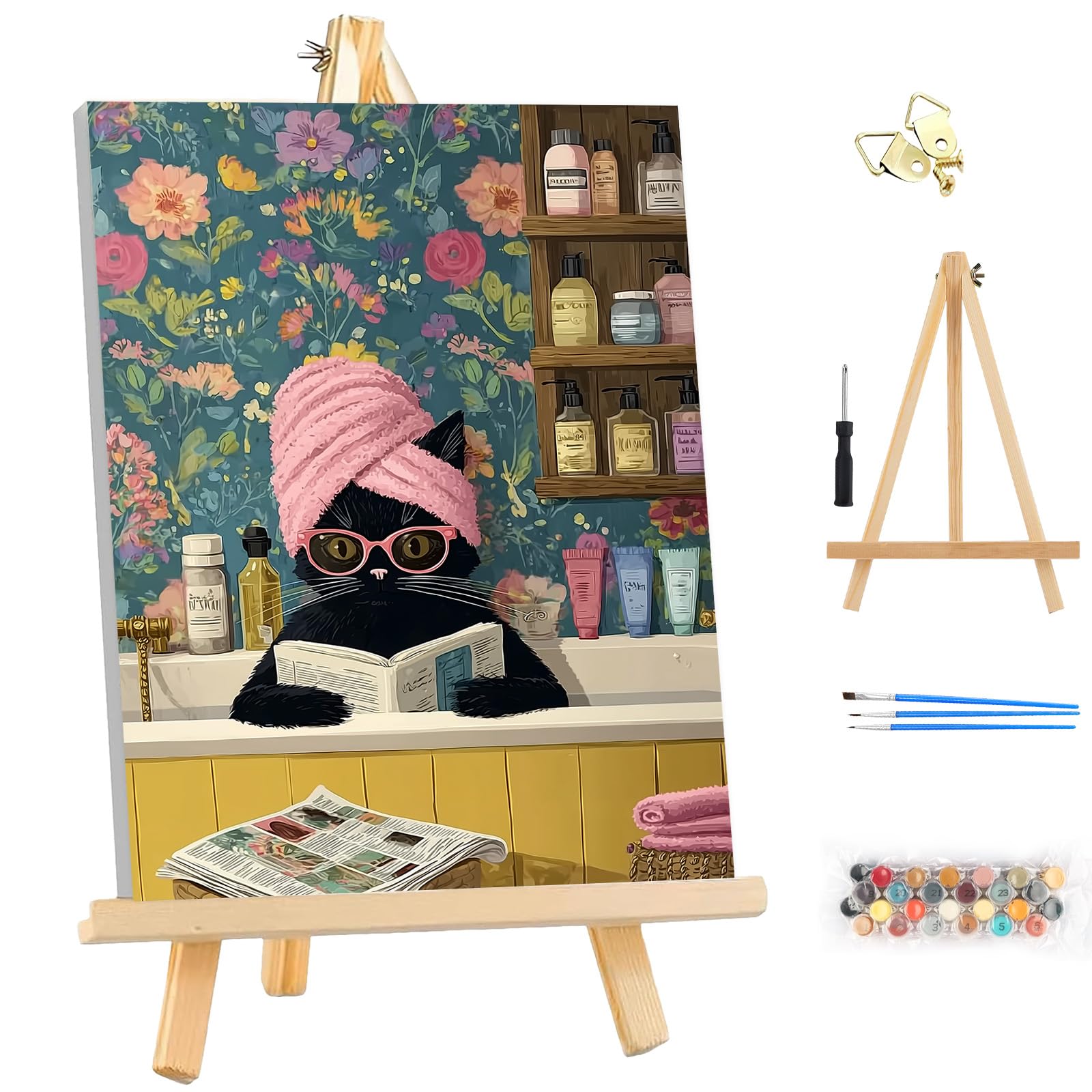 MEIYUDA DIY Paint by Numbers for Adults with Frame & Wooden Easel, Funny Cat Arts and Crafts Kit for Adults Beginner, Drawing Paintwork for Home Wall Decor 25x35cm