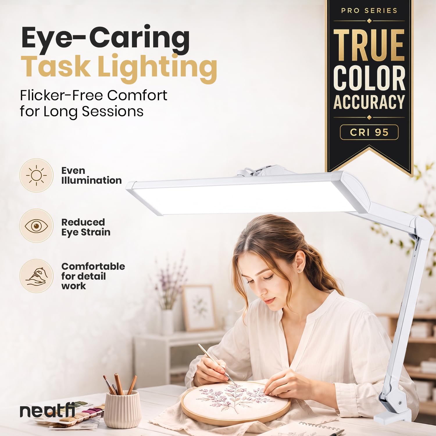 Neatfi Pro Series – Lampada da Lavoro LED Ultra da 3.500 Lumen, 45W Dimmerabile | Paralume Metallico Largo 66 cm | 5 Livelli di Luminosità e 3 Modalità di Luce (Bianco, Con CCT con Morsetto)
