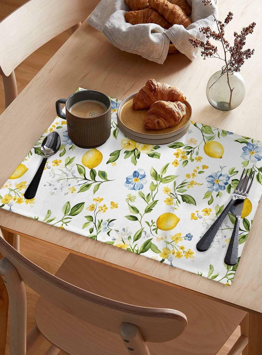 Lemon Tree Branch Placemats Set of 6 Yellow Blue Floral Fruit Eucalyptus Leaves 13x19 Inch Washable Non Slip Linen Table Mats, Rustic Summer Placemats for Dining Table Party Kitchen Decor