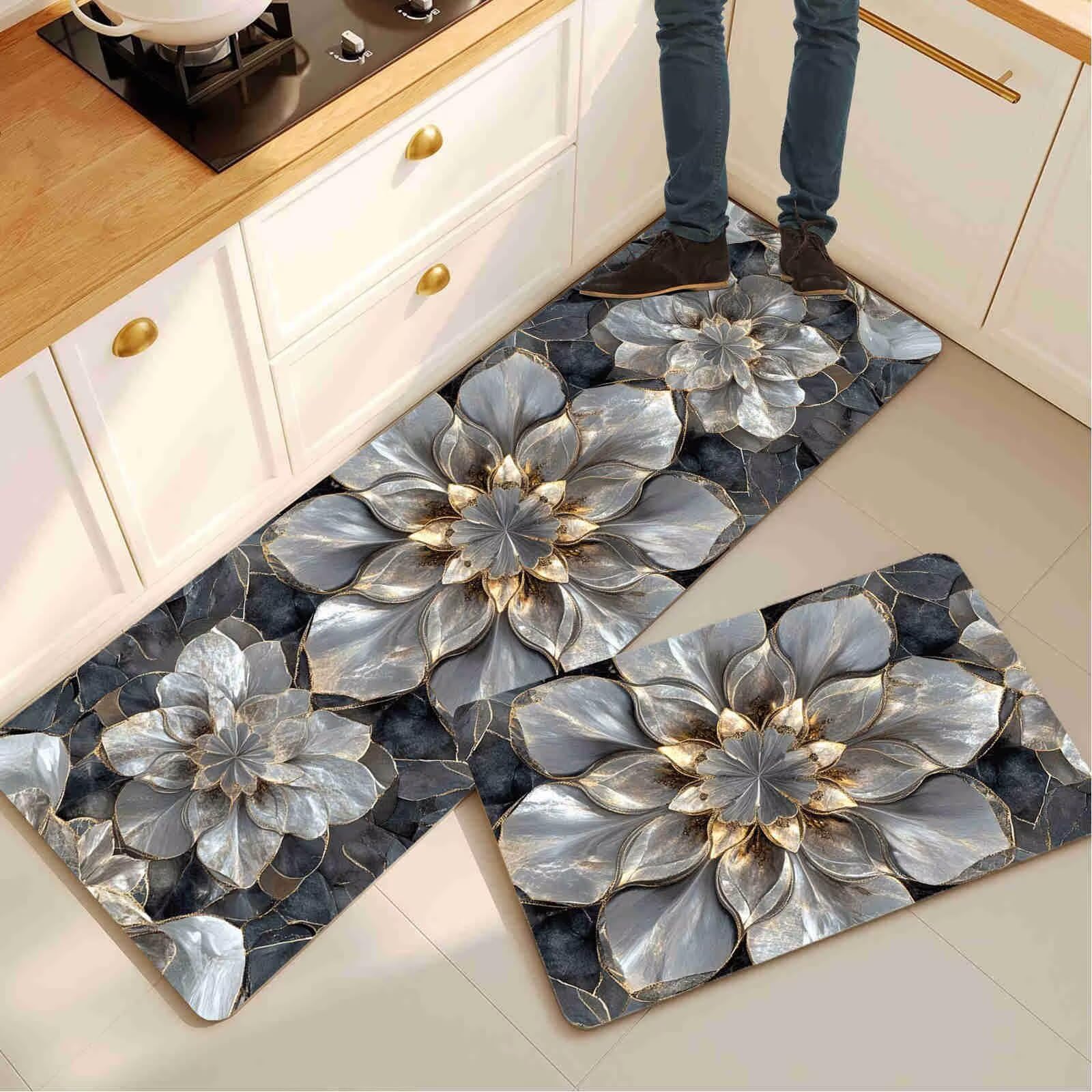 Alfombra de cocina para piso transitable y zona de pasillo juego de alfombras lavables de 2 piezas
