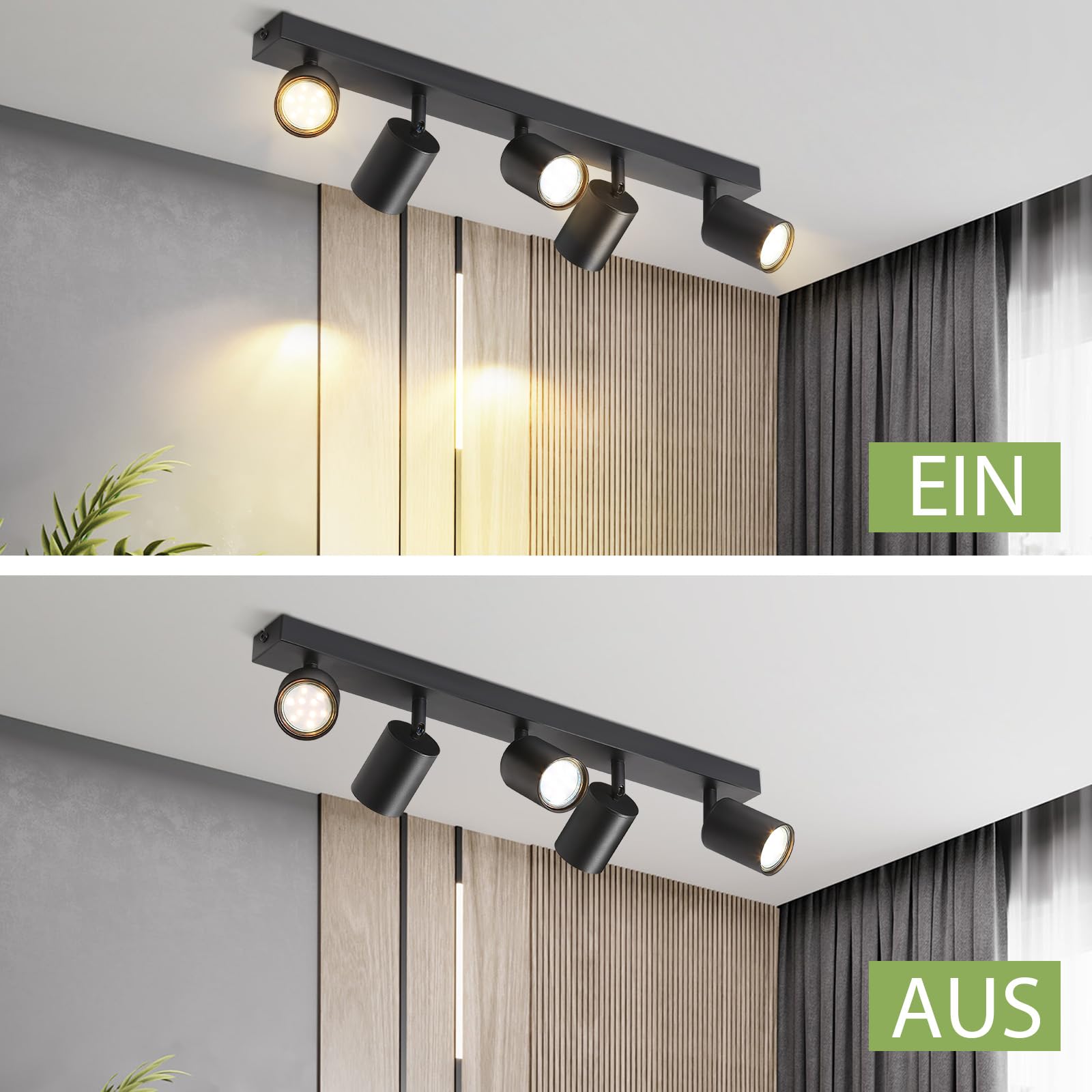 Homefire Lampa sufitowa LED, czarna, 5 płomieni, GU10, reflektor sufitowy, obrotowy o 350°, przemysłowy reflektor sufitowy, do salonu, kuchni, sypialni, bez żarówki