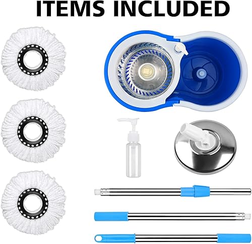 Miniatura 5 de Trapeador giratorio y cubo con juego de escurridor, juego de mopa de 360 y cubo para limpieza de pisos, mango extendido ajustable de acero