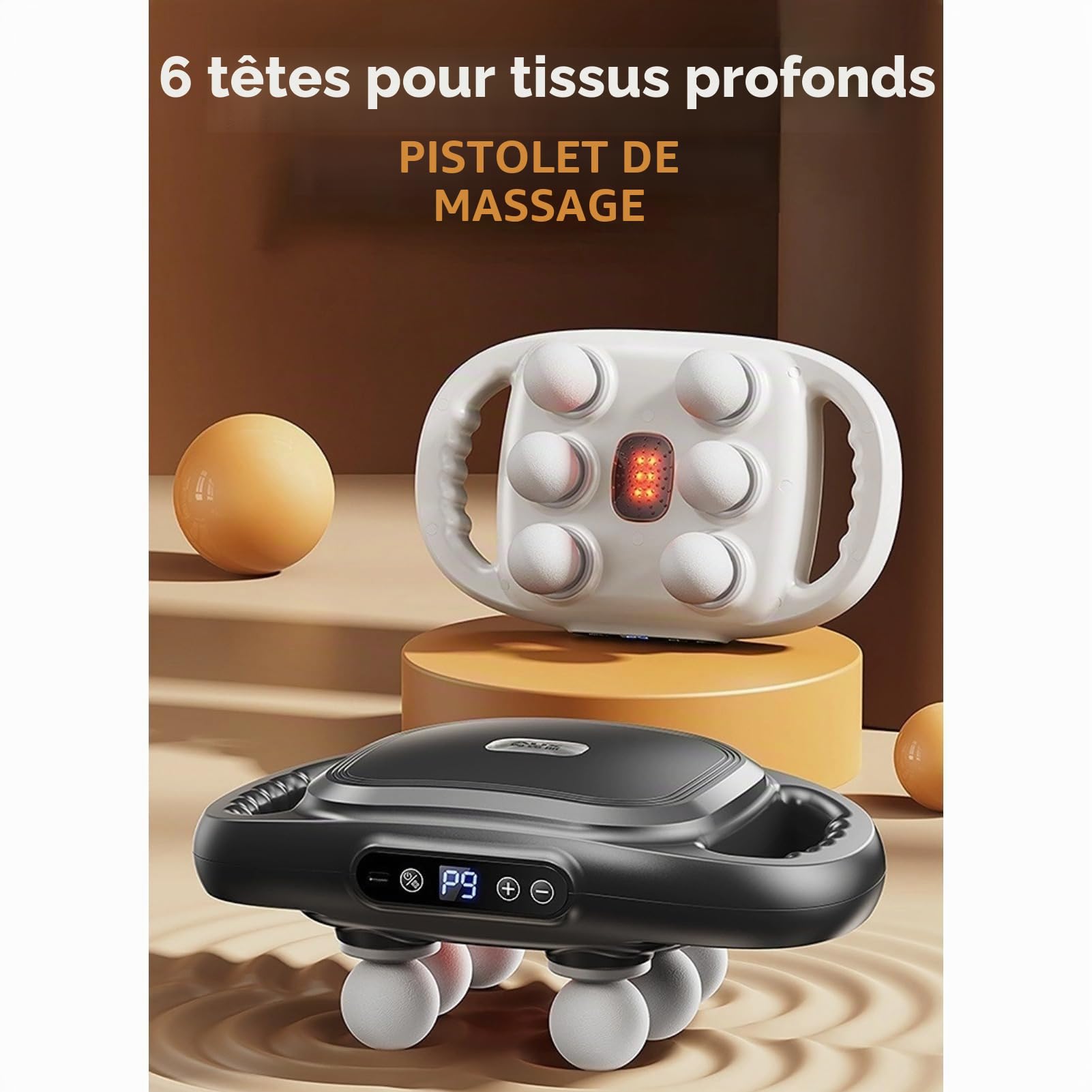 Pistolet de Massage à 6 Têtes pour Tissus Profonds, Pistolet de Massage à Percussion avec 9 Niveaux et 9 Modes, Outil de Massage électrique pour le Dos, le Cou, les Jambes, (GRAY)