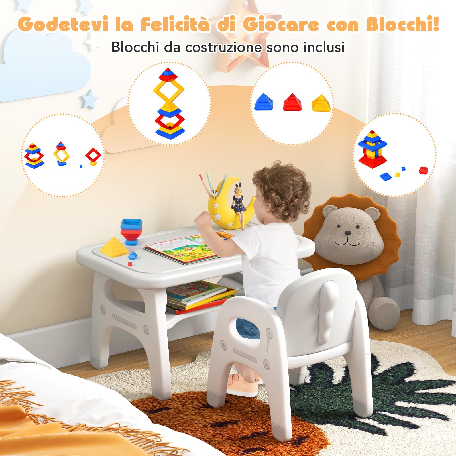 COSTWAY Tavolo e Sedia per Bambini Dinosauro Set Scrivania Attività Artistiche Studio 1-5 Anni Grigio